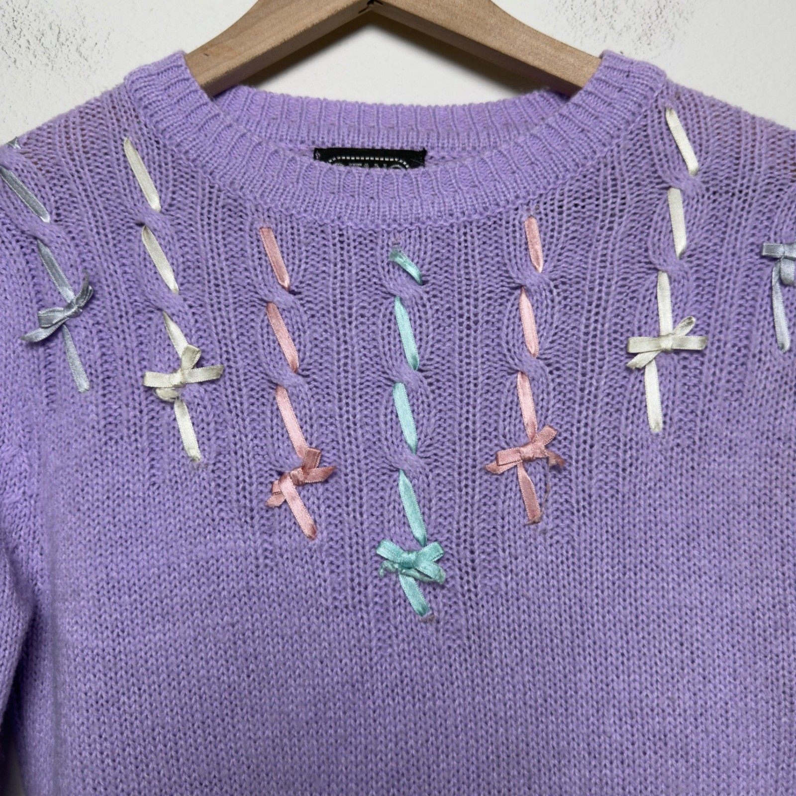 VTG 80s Gitano Women Preppy Coquette Sweater Purple Ribbon Bow Lavender XS