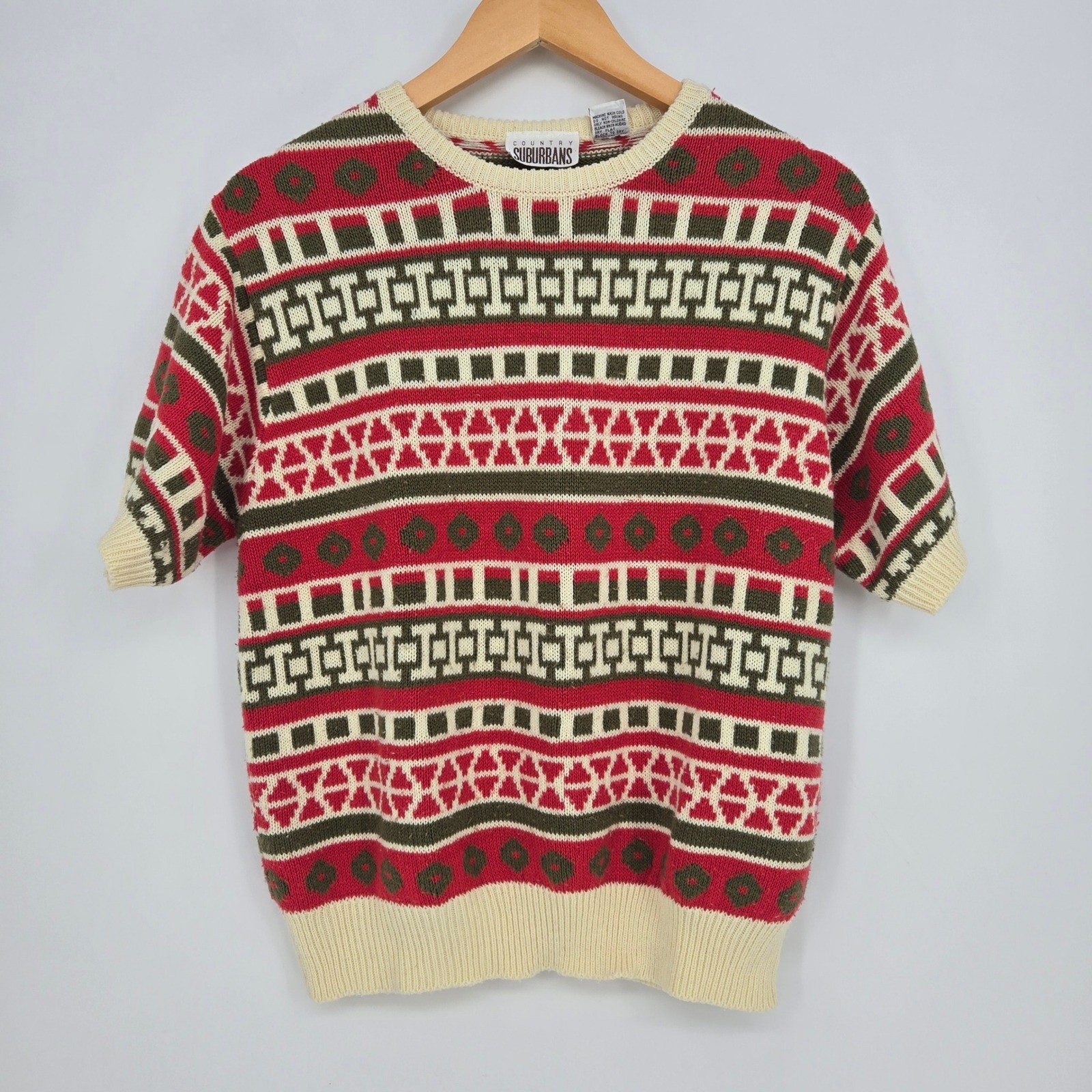 Vintage Geometric Pattern Knit Short Sleeve Sweater Red Green Cream Womens Large