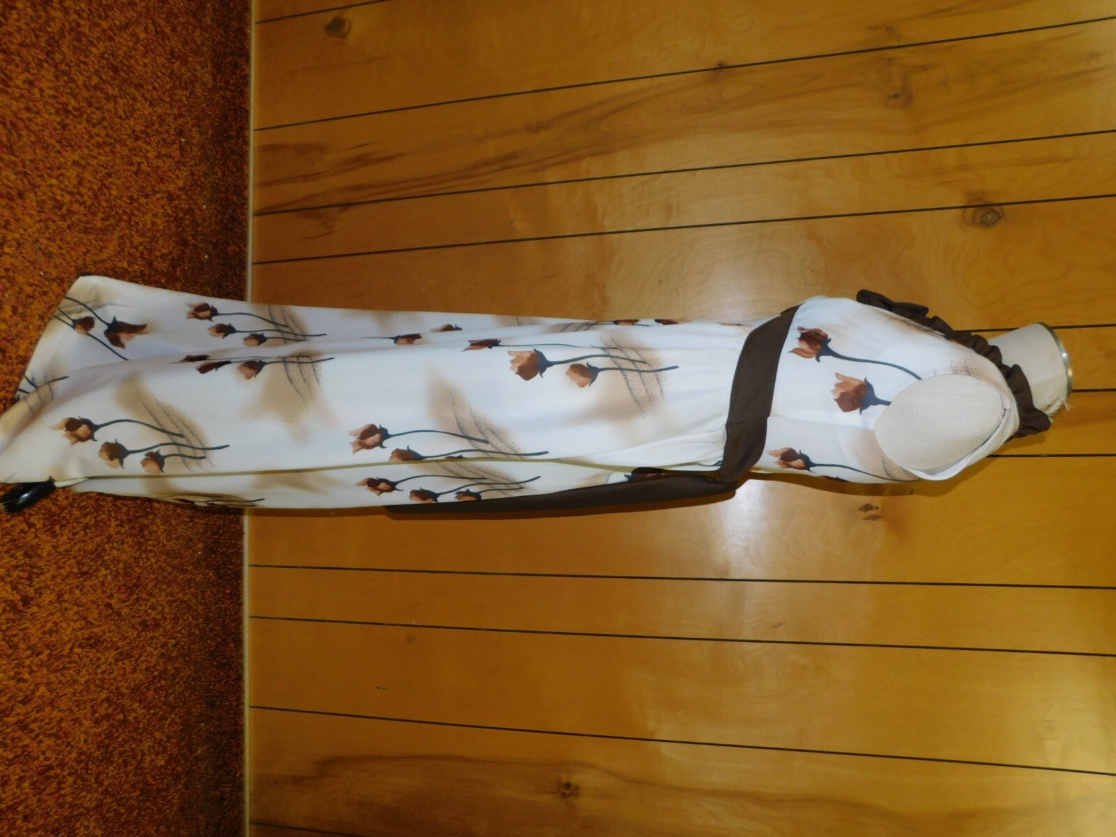 Vintage Brown on Cream Floral Maxi Dress 37″ Bust 1970’s*