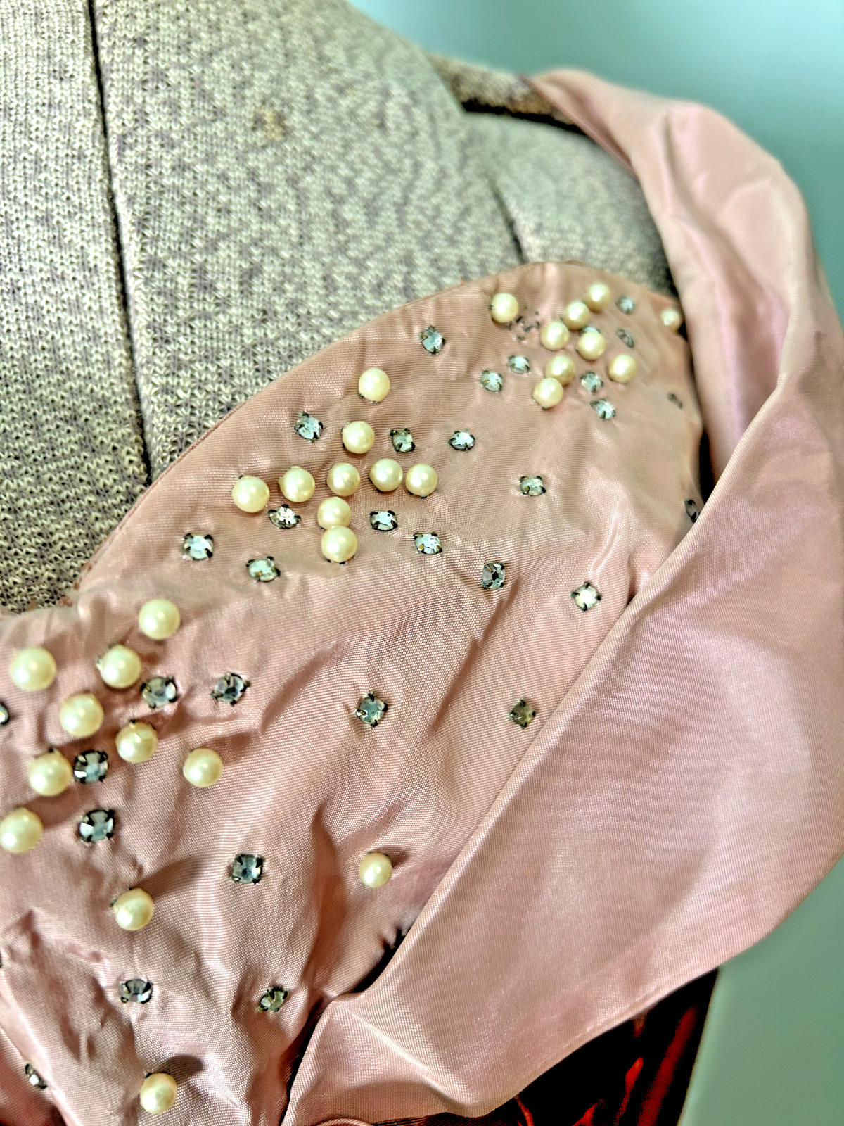 Incredible 1940s Taffeta Acetate Rhinestone Pearl Rose Pink Bustier Gown Bolero