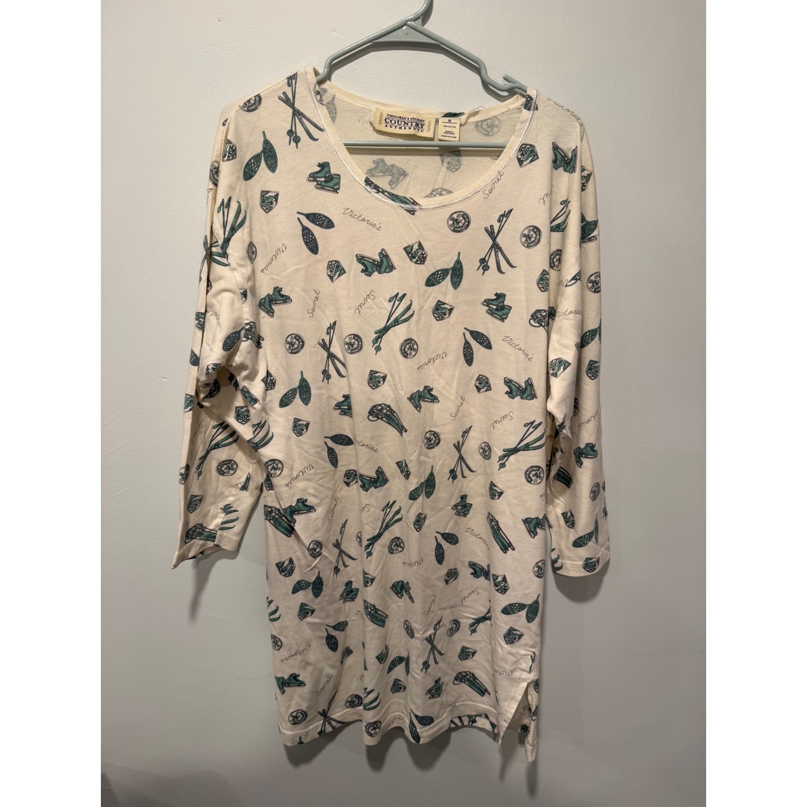 Vintage Victorias Secret Country Nightshirt M Cotton Winter Ski Print 90s Cream