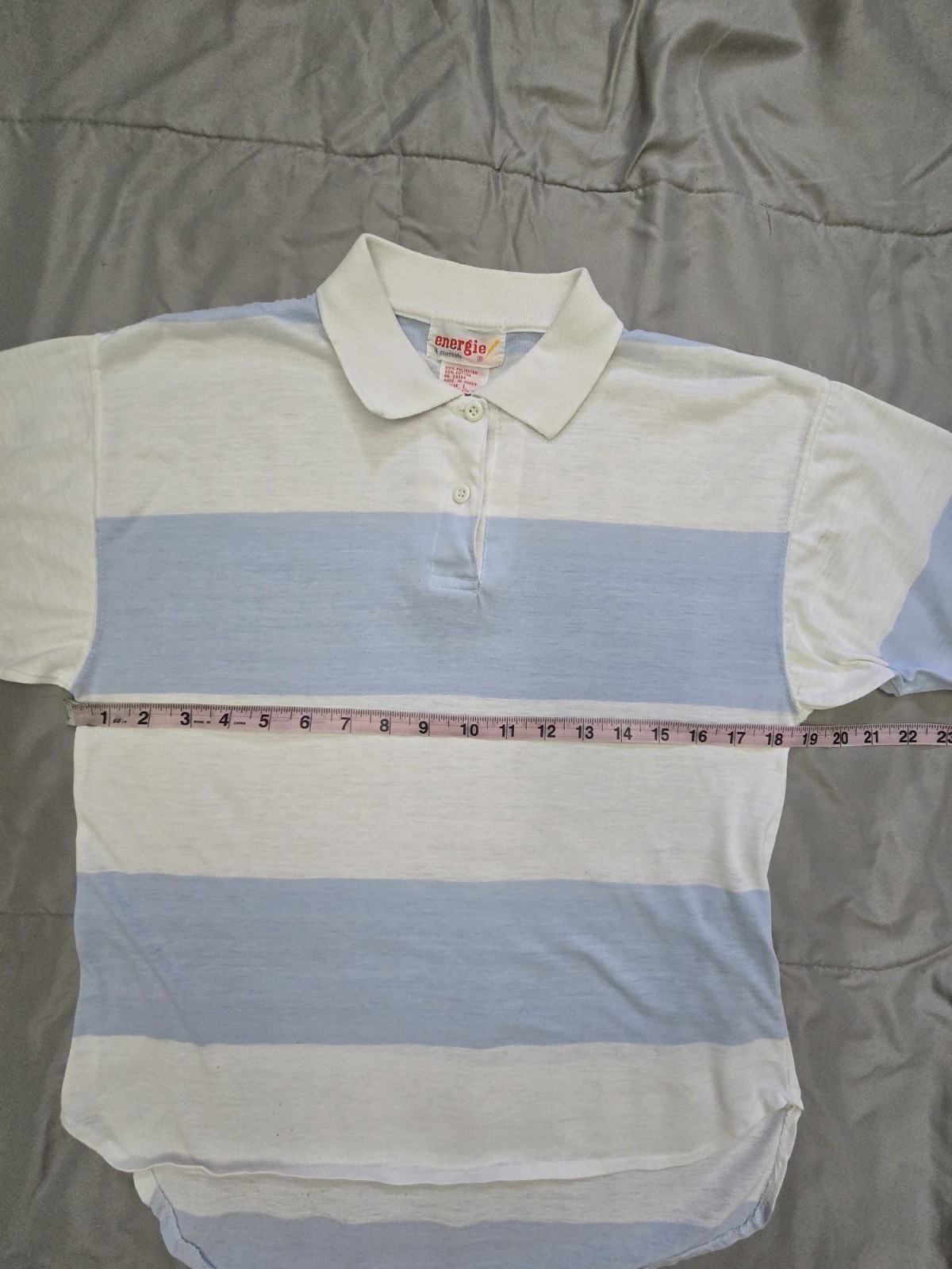 Vintage Energie Blue White Striped Polo Top High Low Hem Size L 80s Preppy