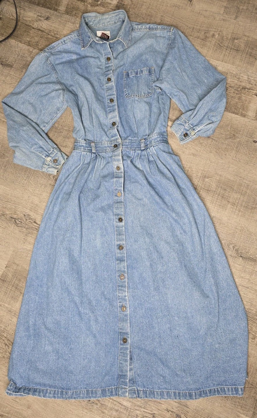 Vintage Susan Bristol Denim Midi Button Front Cinched Waist Long Sleeve Dress S