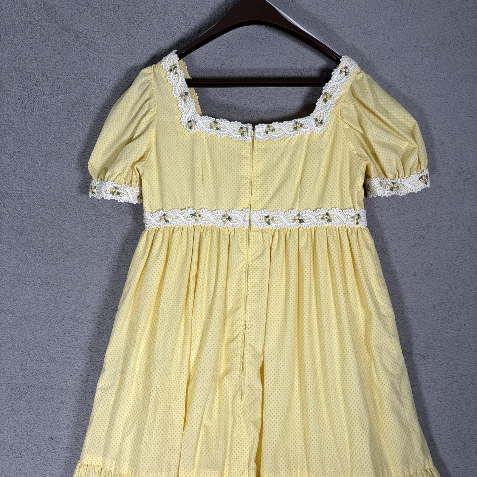 Vintage Yellow Polka Dot Prairie Maxi Dress Lace Trim Cottagecore Puff Sleeve