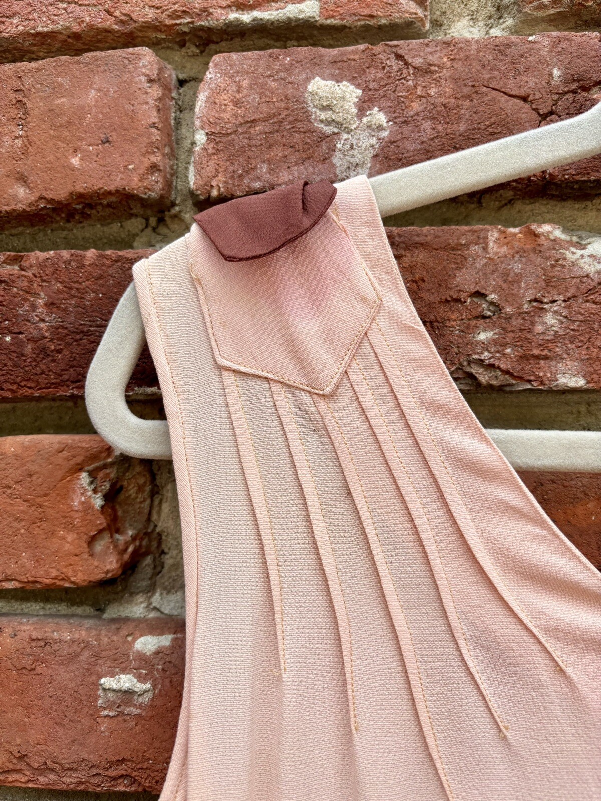 Antique Vintage 1930s Silk Rayon Pink & Brown Sleeveless Dress w/ Belt AS IS