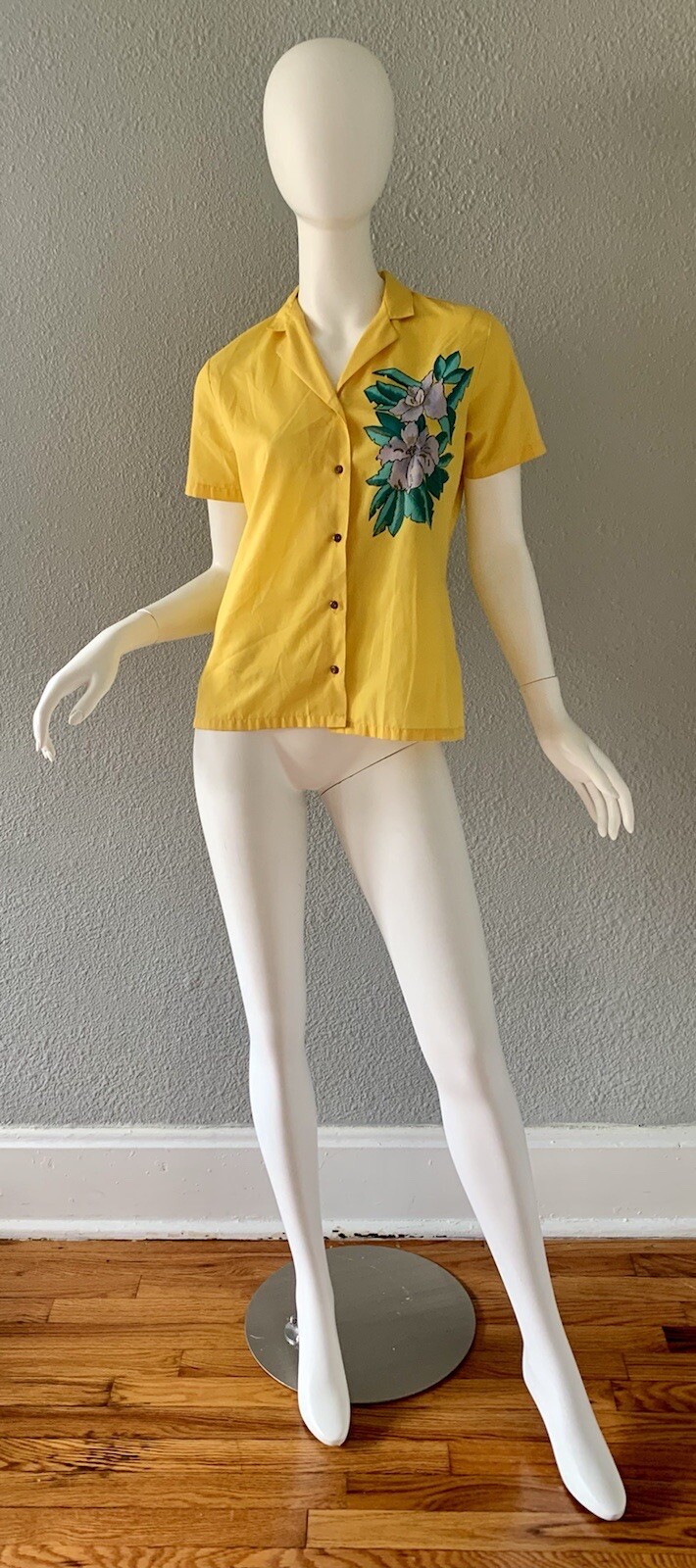 Vintage 70s Yellow Hand Painted Flower Boho Hippie Button Shirt Top M