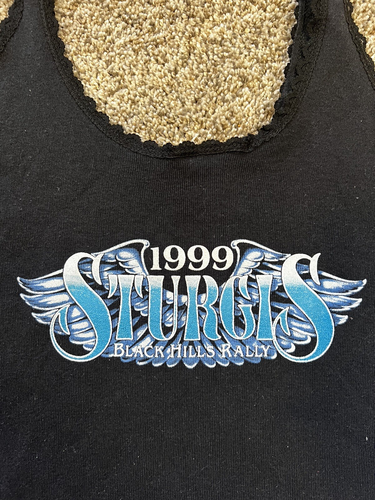 Vtg 90s 3D Emblem Sturgis Harley Biker Black Tank Top T-Shirt Women L Wolf Lace