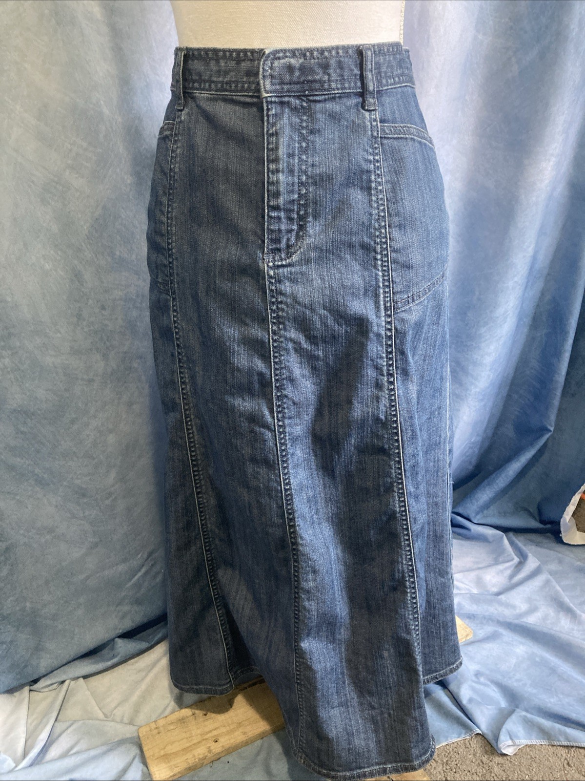 Vtg 90s Y2K Christopher Banks Denim Paneled Skirt Size 8 Stretch Midi Jean ALine