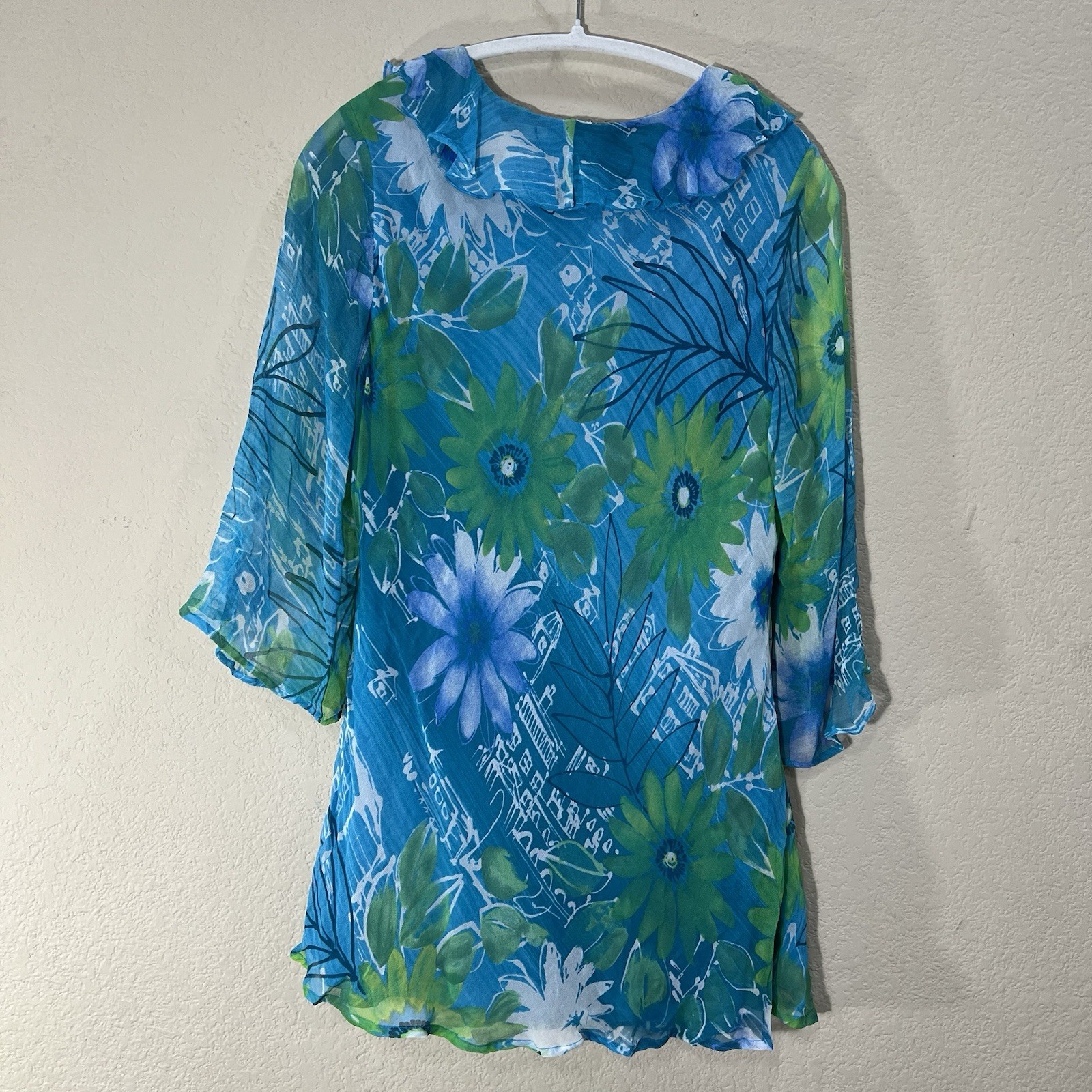 NEW YORK CITY DESIGN CO VTG SZ XL 100% SILk TOP PULLOVER MULTI BLUE RUFFLE BOHO