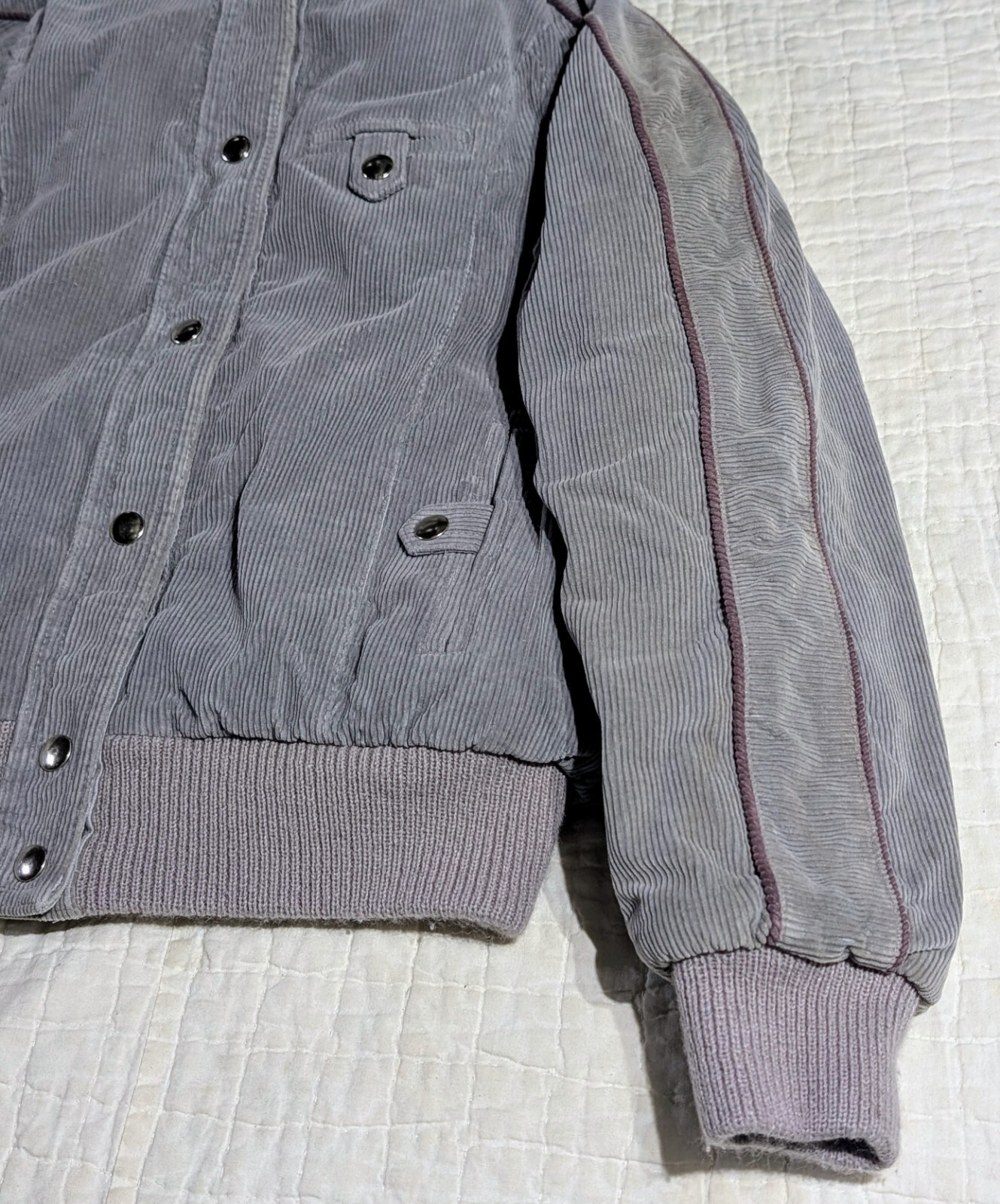 Vintage Mod Maid Coat 60s 70s Women’s SMALL Gray Corduroy Purple Trim Hooded