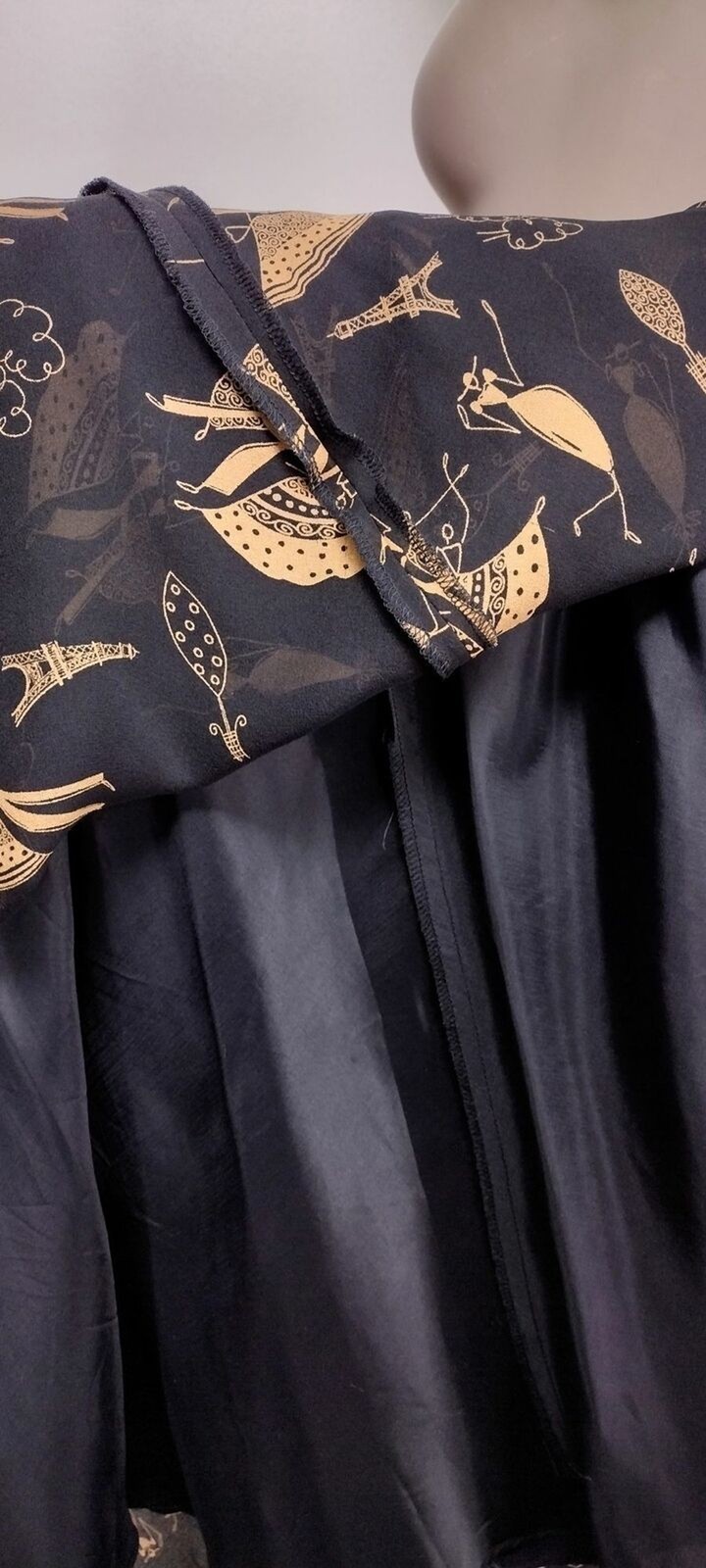Vintage 90s 100% Silk Black Gold Paris Flamenco Dancer All Over Print Dress