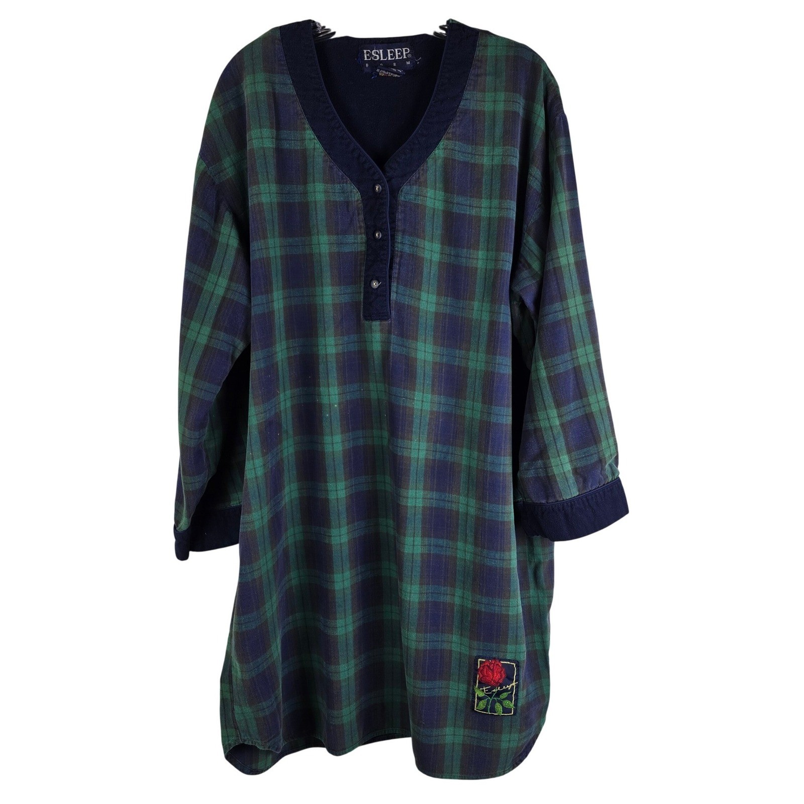 Vintage Esleep Dorm Plaid Night Shirt One Size Rose Patch 100% Cotton