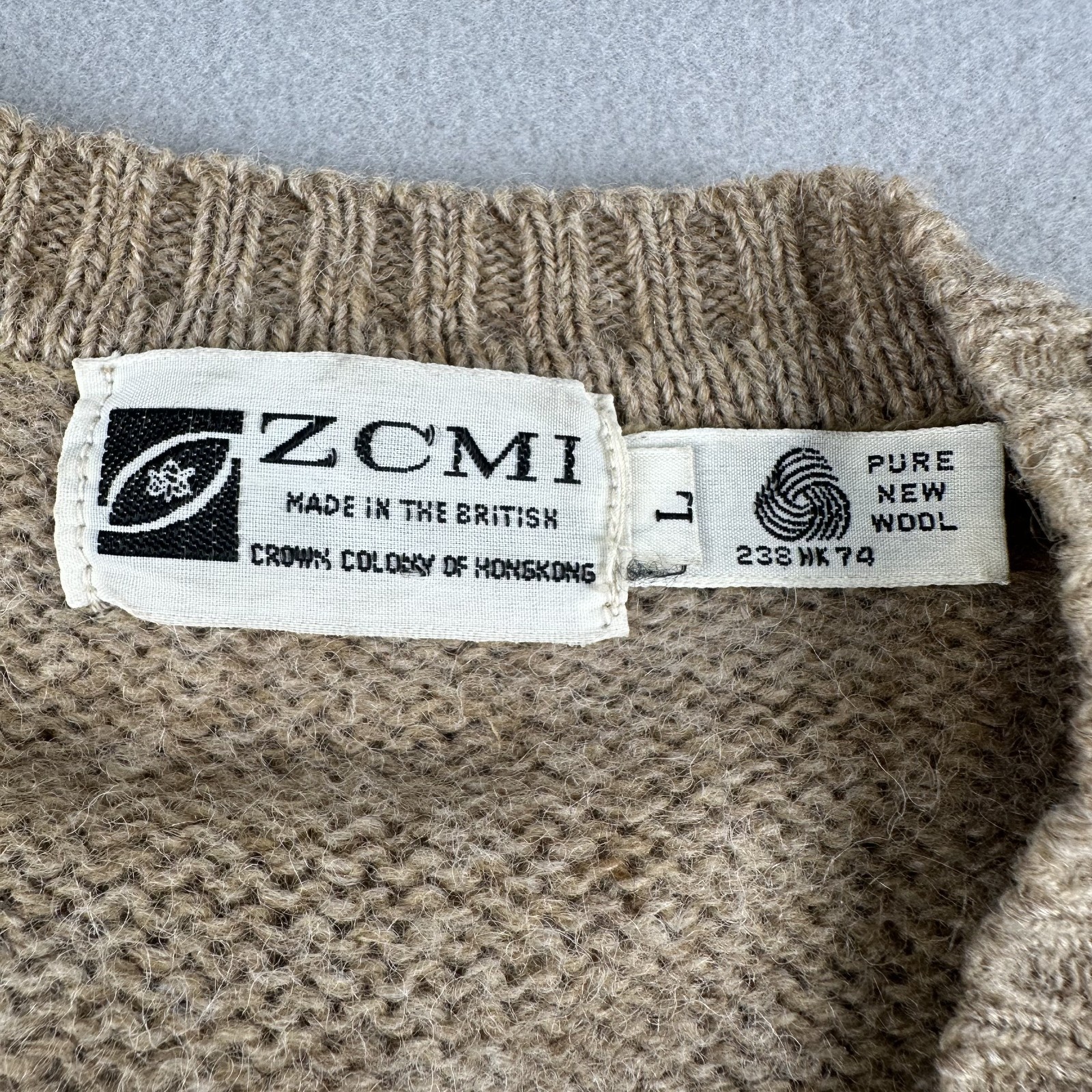 ZCMI Vintage 70s Beige Pure New Wool Sweater Size Large Made in British Crown HK