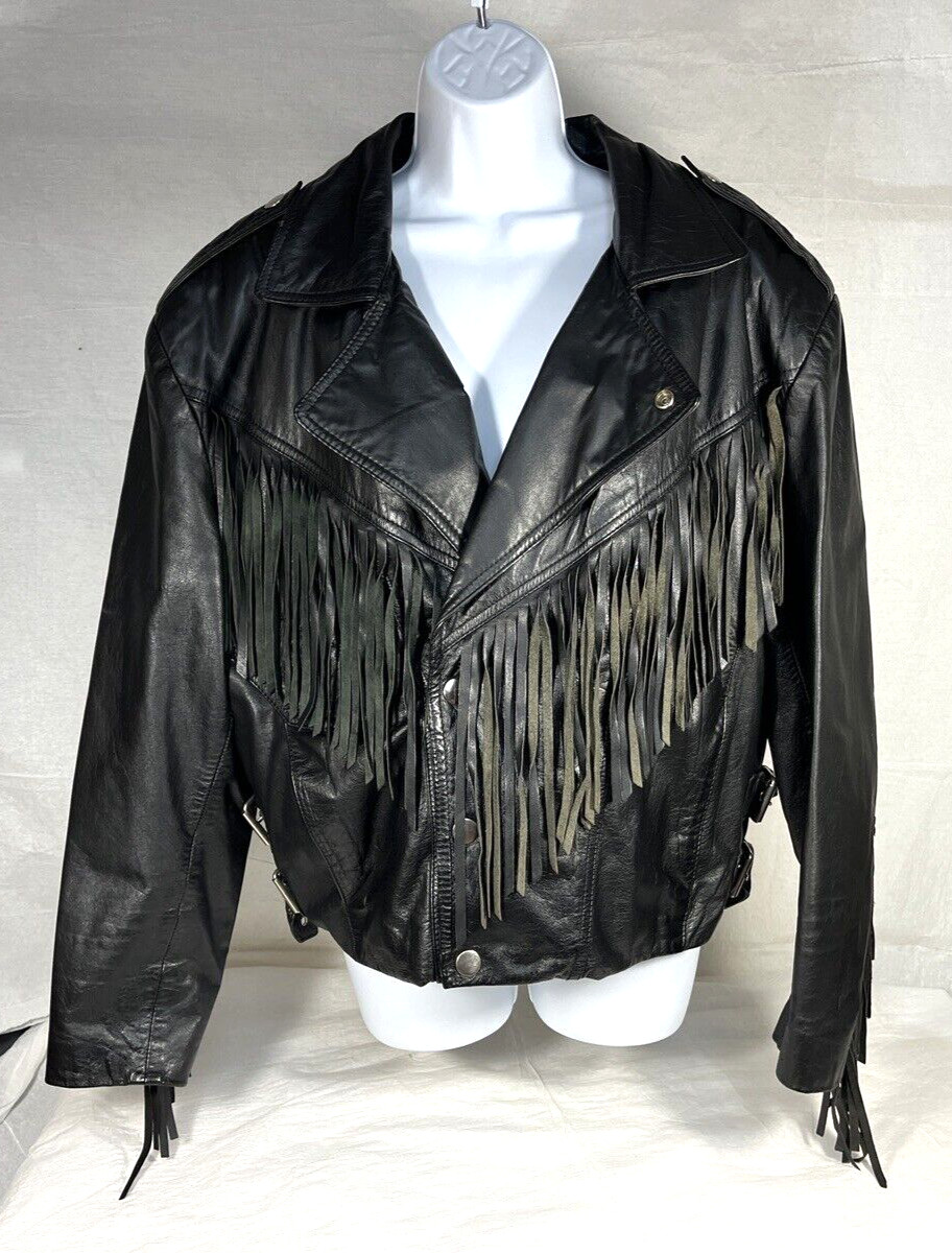 Vintage 80s CHIA Sz M Black Leather Fringe Motorcycle Jacket Thermal Insulation