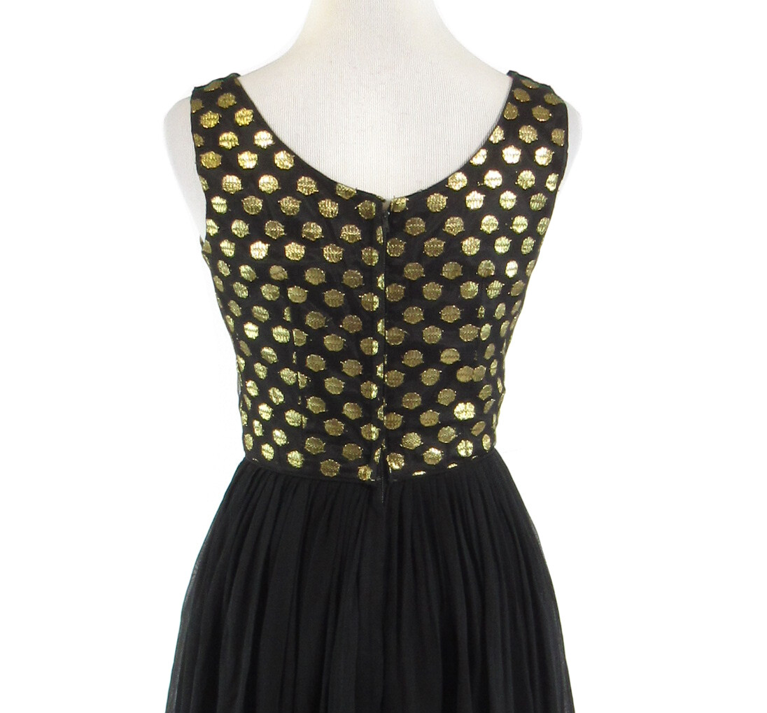 Black gold polka dot sheer overlay shimmery vintage dress 11 XS