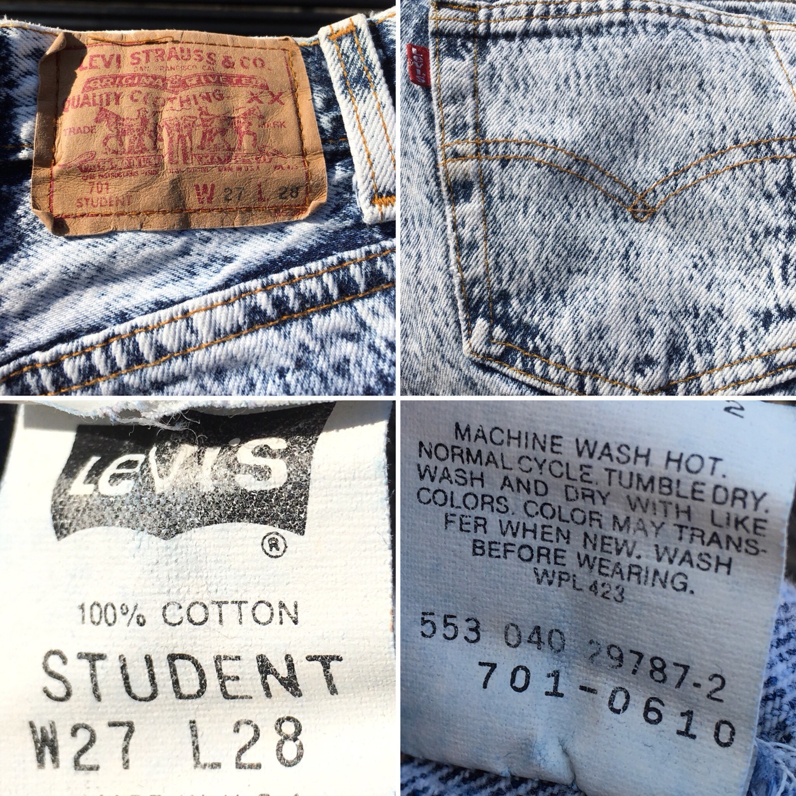 Vintage Levi’s Button Fly 701 Student Jeans Acid Wash W 27 L 28 USA 80s 90s