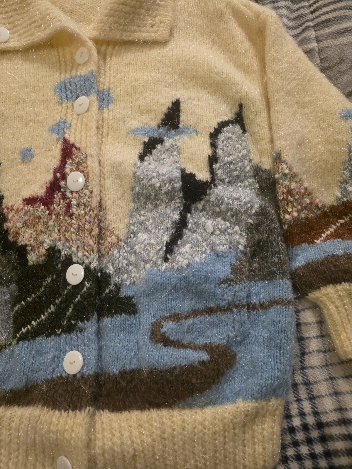 Vtg 70s Hand Knit Fuzzy Acrylic Cardigan Sweater Mountain Landscape Womens Large