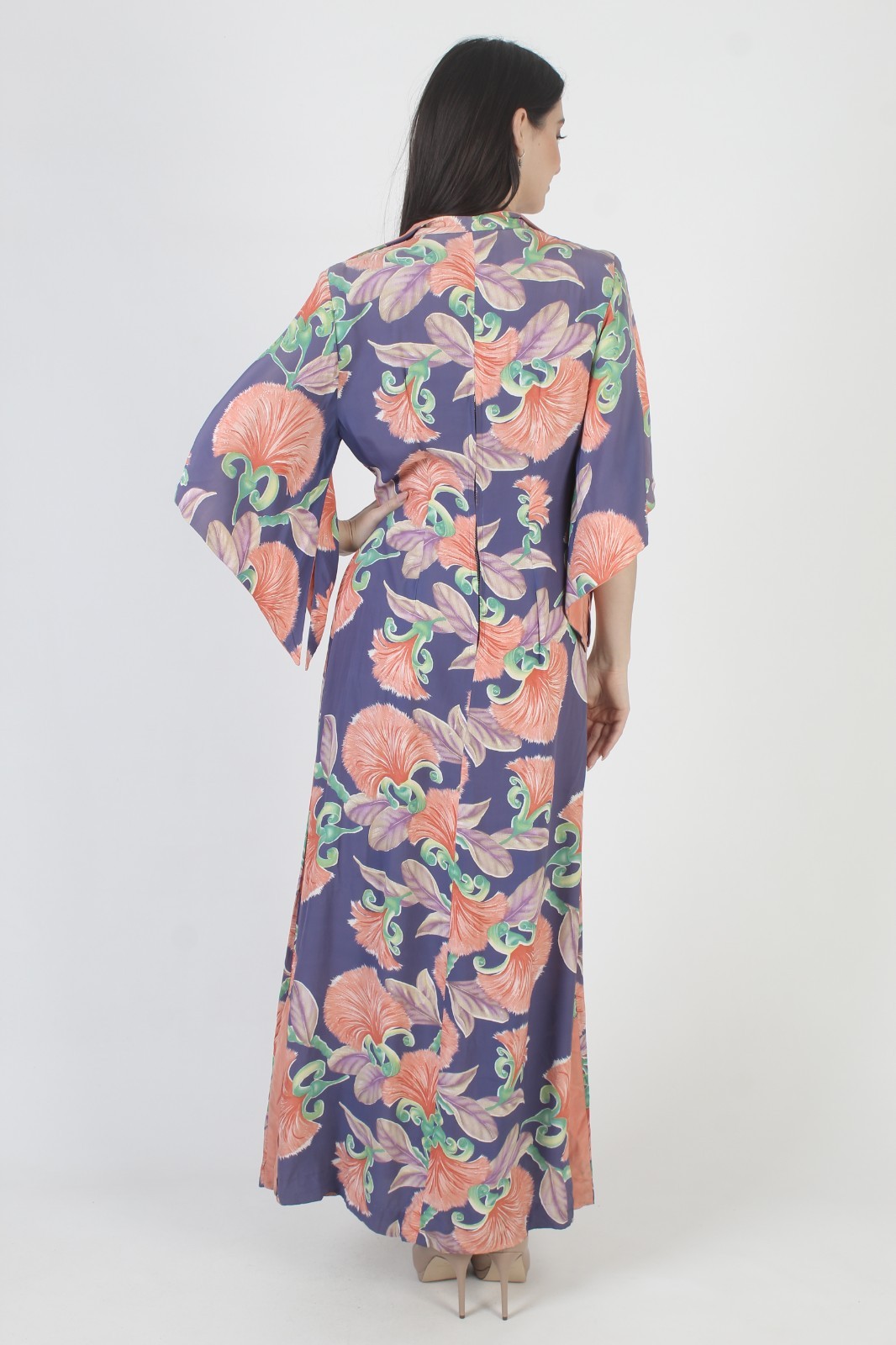 Vtg 40s Waikiki Sports Dress Honolulu Hawaii Rayon Kimono 50s MCM Tiki Pake Muu