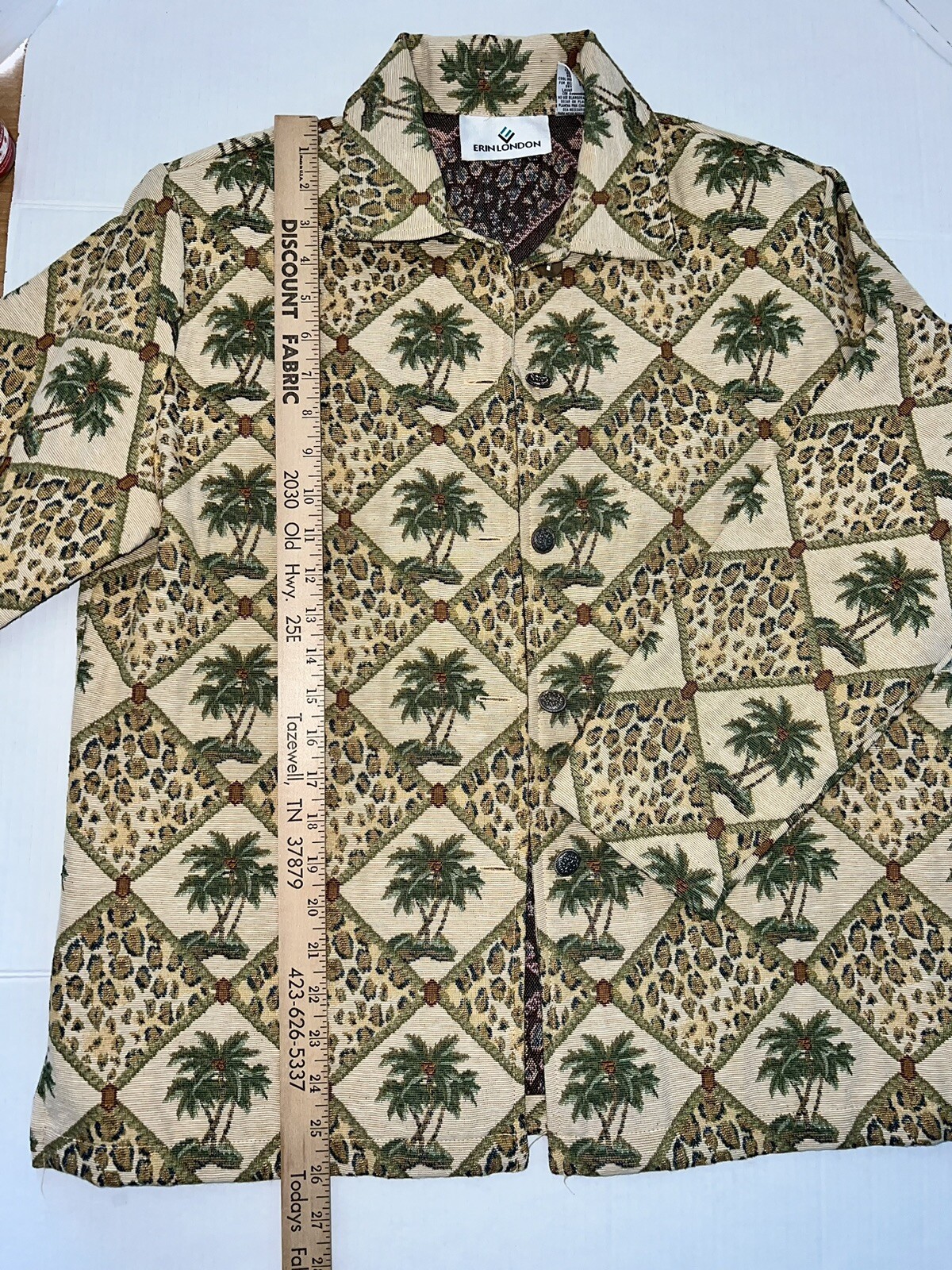 Erin London Women’s Medium Blazer Jacket Tapestry Textured Leopard Palm Tree EUC
