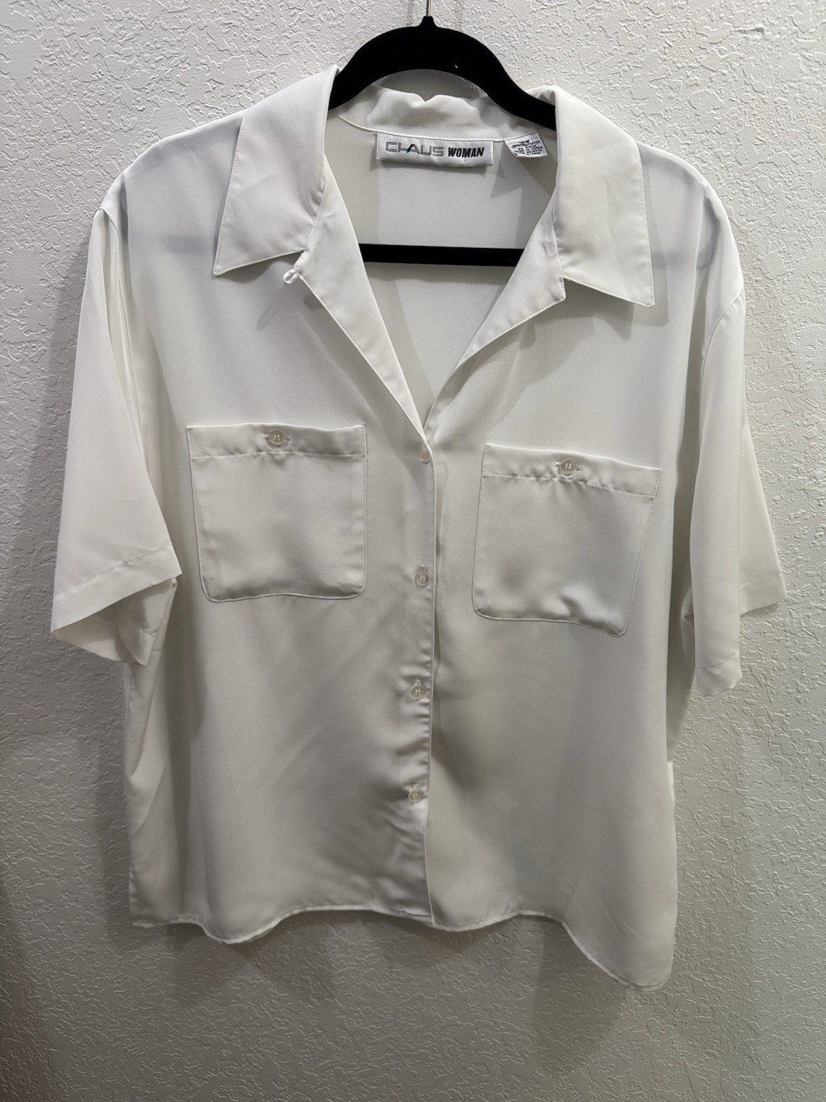 VTG Chaus Woman Off White Button Up Blouse Two Pocket Minimalist Workwear 16W