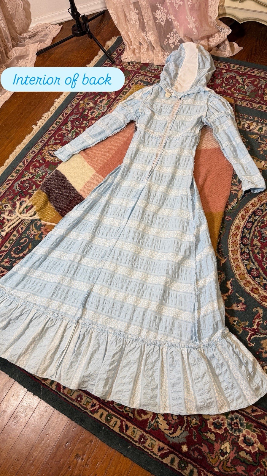 Rare White Label Gunne Sax Blue and White Hood with Blue and Pink Trim, 7
