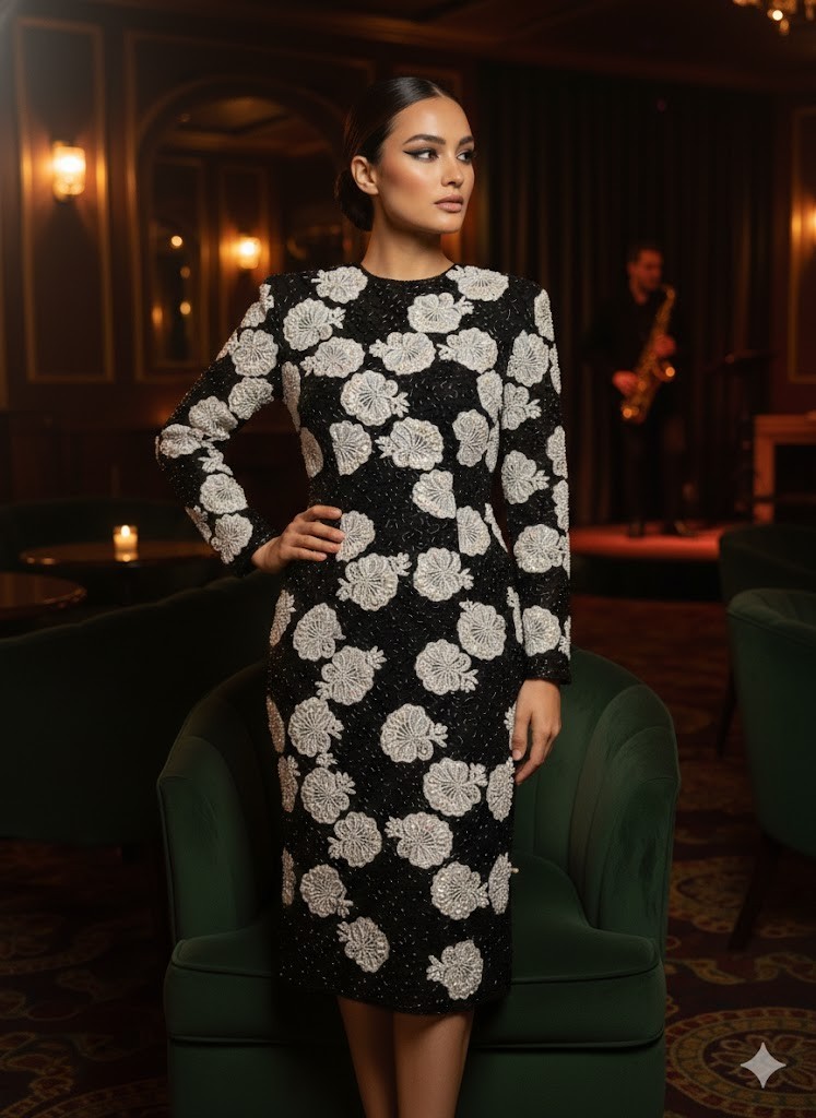 Vintage 90s Riazee Naeem Khan Dress Beaded Floral Silk Long Sleeve Black Size 10