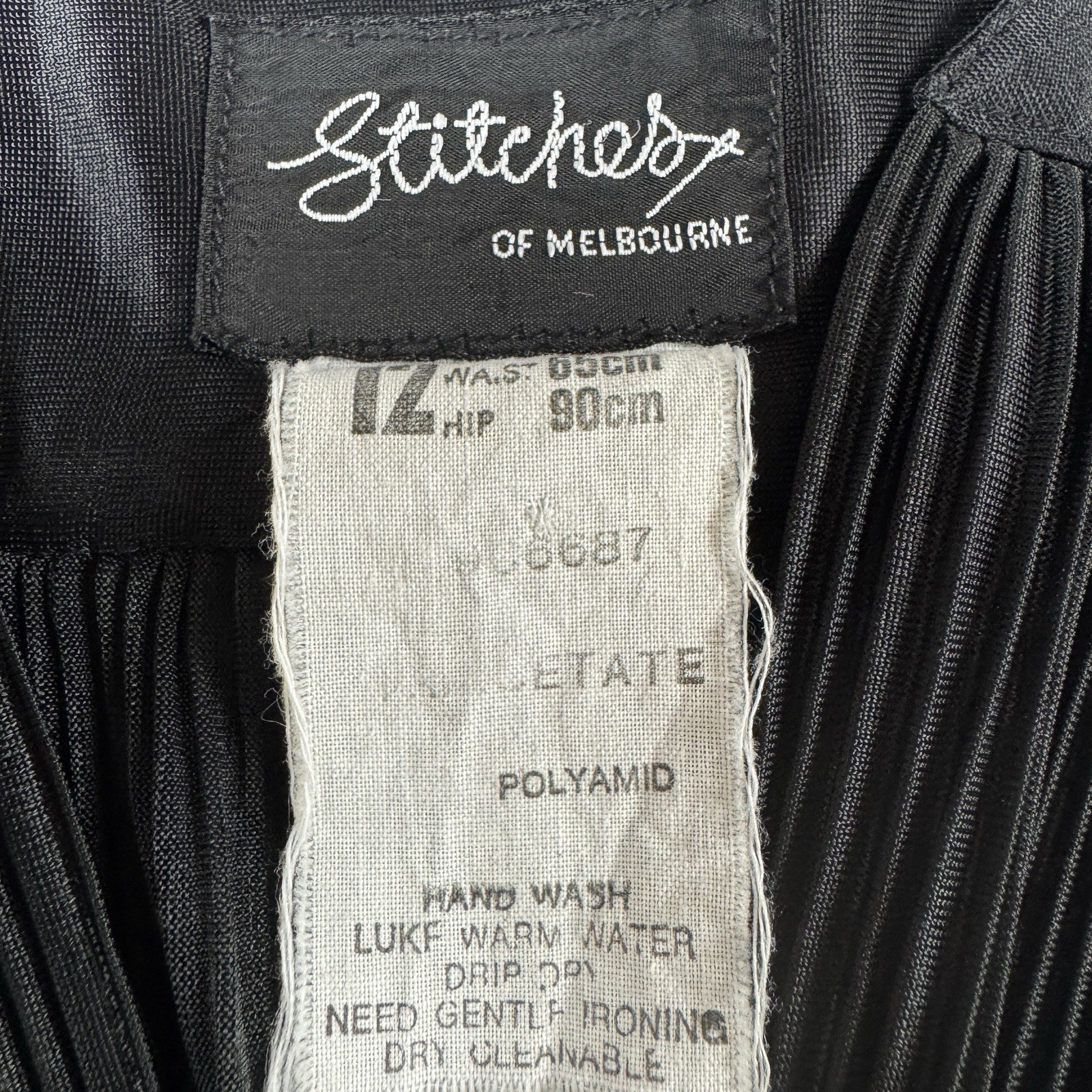 Vtg Stitches Black Stretch Pleated Surplice Midi Dress S12 Tie Waist Sheer