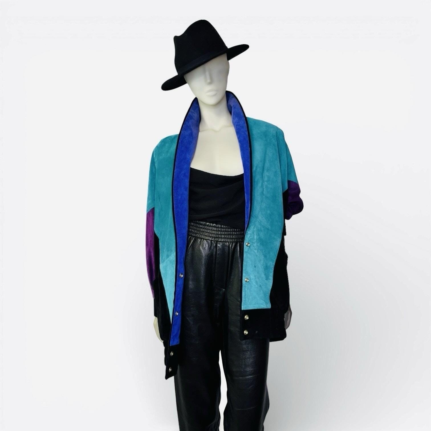 Rare Vintage Mary Hoffman Black, Teal, Purple Suede Color Block Suede Jacket M