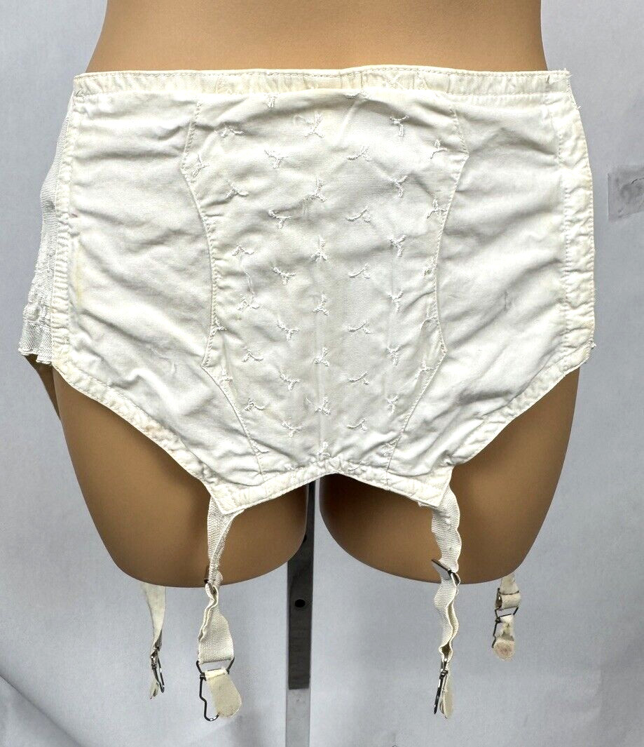 Vintage Girdle Corset Garters White Belt Metal Clip Embroidered