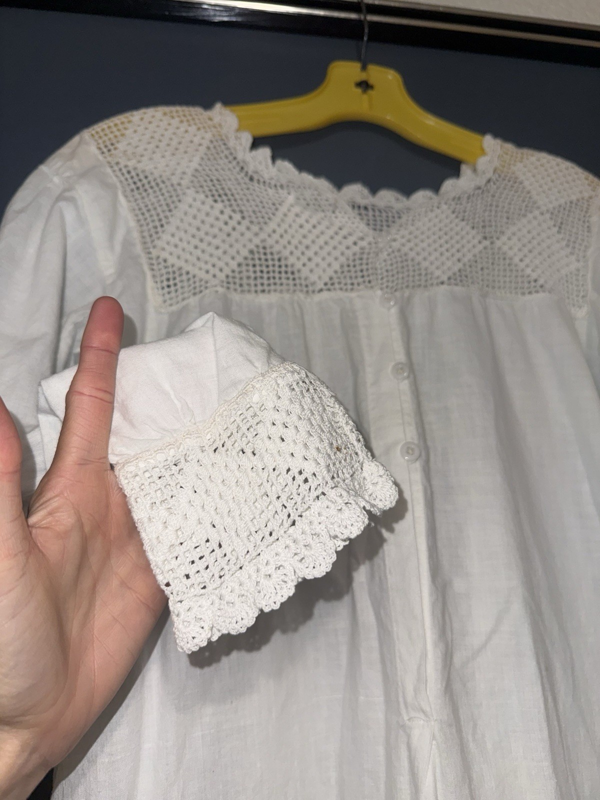 Antique 1900s Edwardian White Cotton Nightgown Hand Crochet Lace Yoke Cuffs