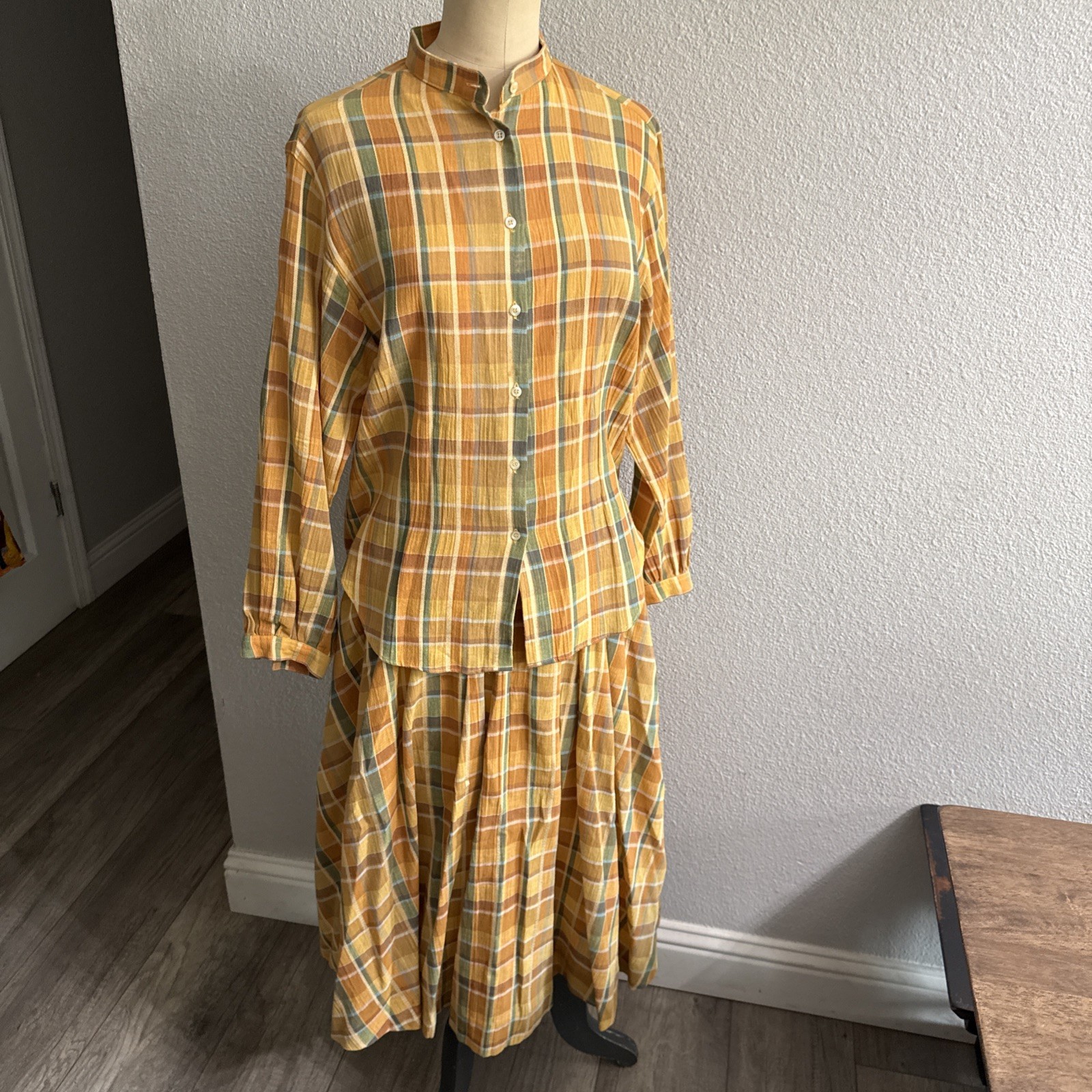 Rare Vintage Jaeger London Madras Autumnal Check Plaid Skirt 2pc Set Size 10