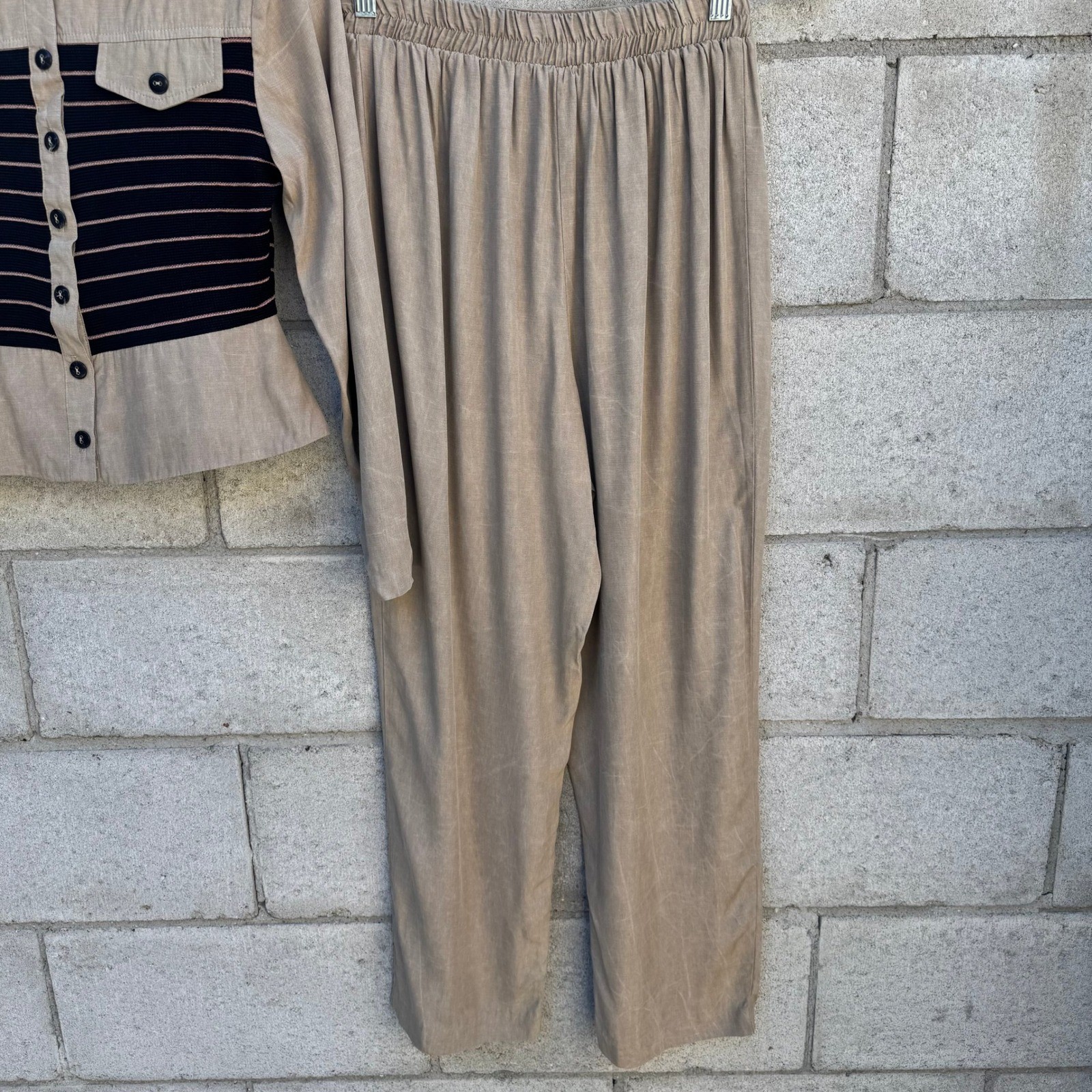 JSJ Petites Vintage 90s Mixed Media Pant Set Tan Striped Minimalist Officecore S