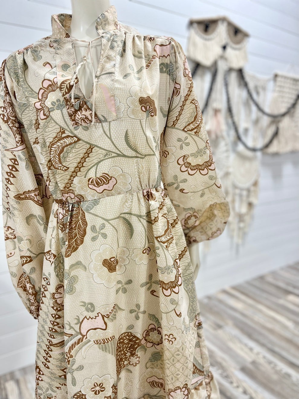 Vintage 70s Bird Floral Novelty Print Bohemian Midi Dress S