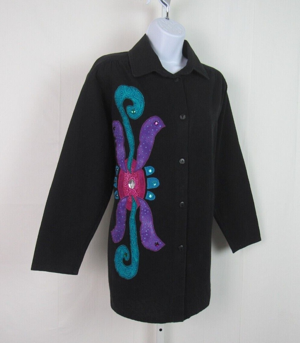 VTG 1970s 80s ALFREDO’S WIFE COTTON BUTTON FRONT SHIRT BLACK ETHNIC PATTERN SM