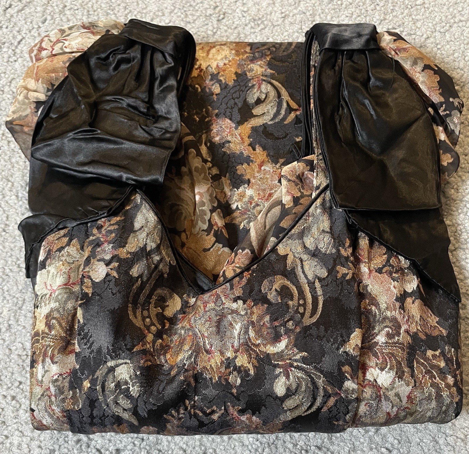 Vtg 80s Floral Brocade Mini Dress S Beige Black Bow Sheer Sleeve Pleated Classic