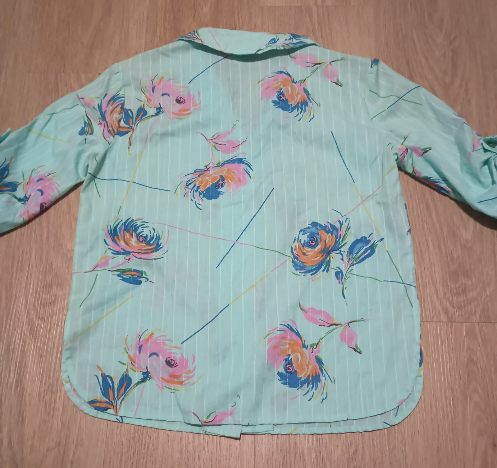 Vtg 80s Green Blue Shawl Collar Button Up Blouse Top new wave kitsch paint M L