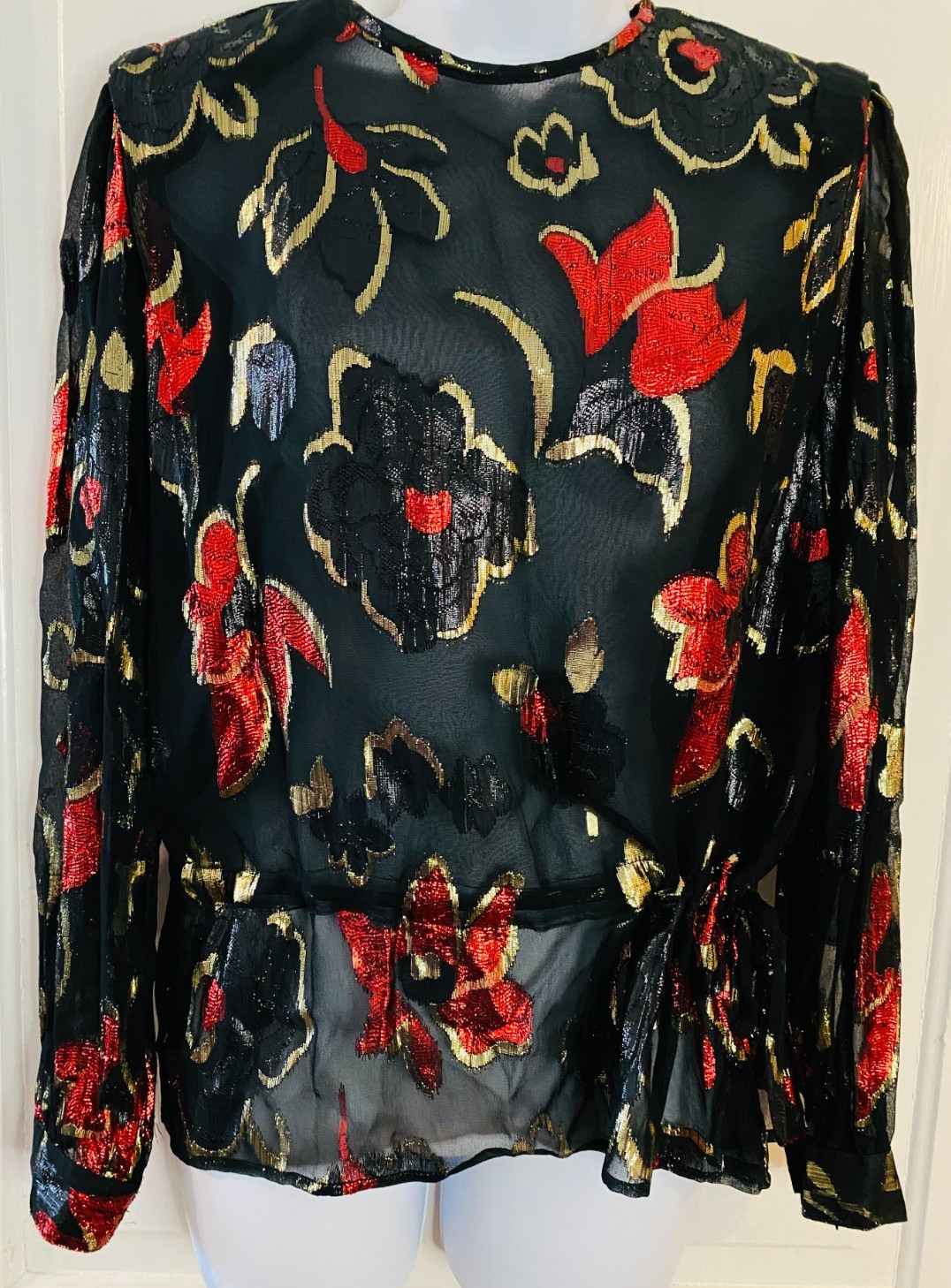 Vintage LLOYD WILLIAMS Sheer Blouse Black with Black, Gold & Red Floral shiny