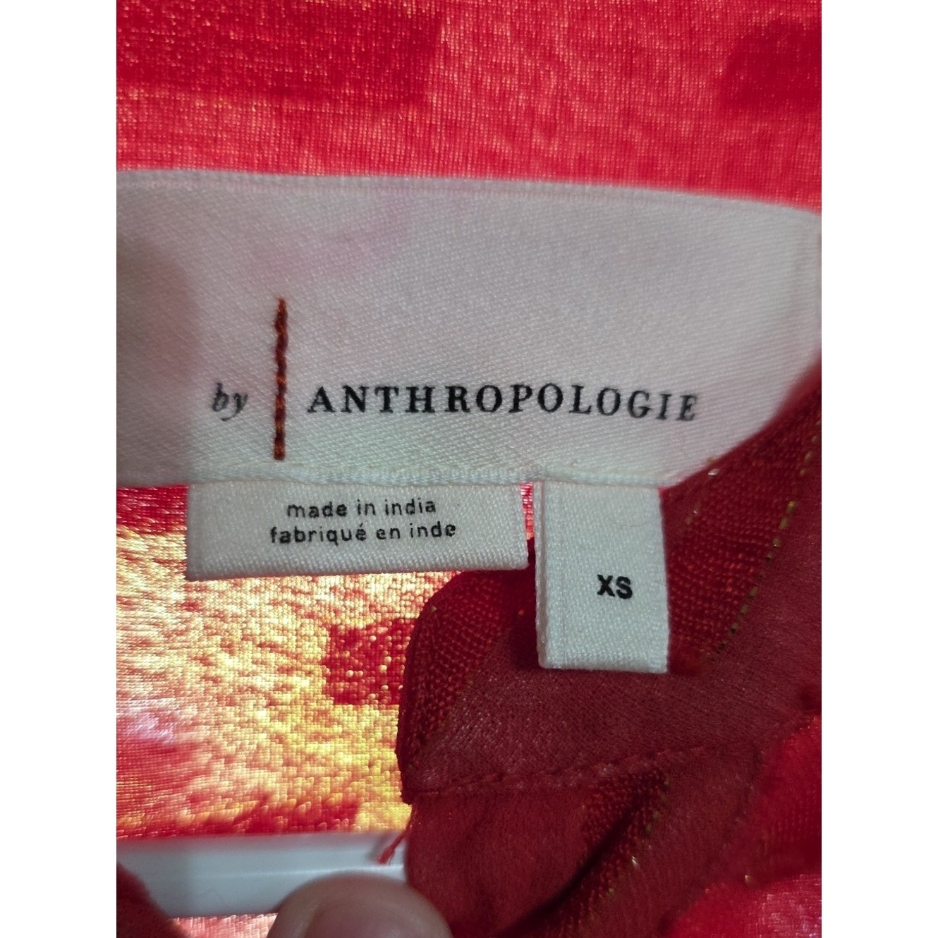 Anthropologie Long-Sleeve Dress Red W/Gold Threading Lined Flowy Gauzy Sz XS EUC