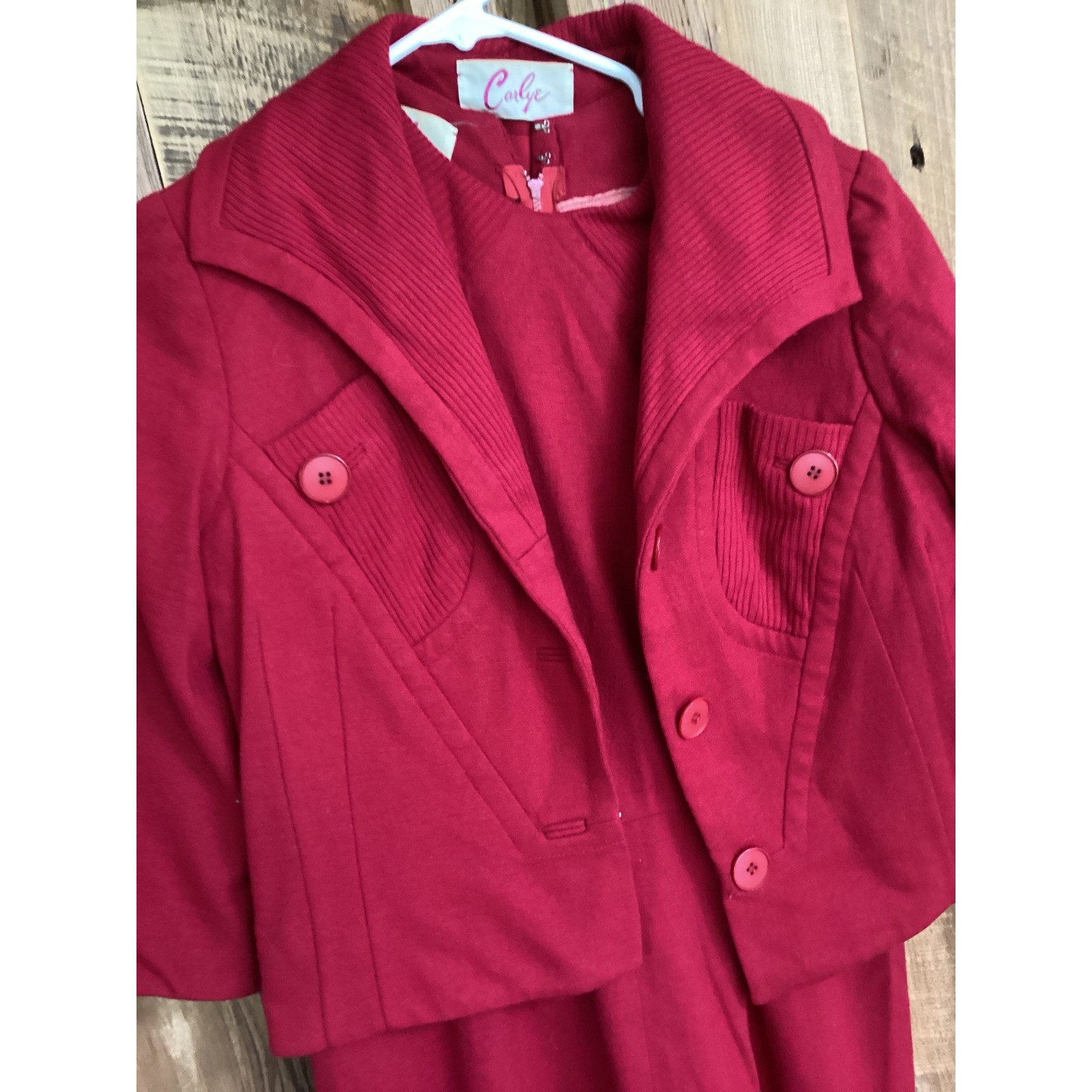 Carlye Vintage Red 2 Piece Sheath Dress and Cropped Jacket Set Ribbed Trim