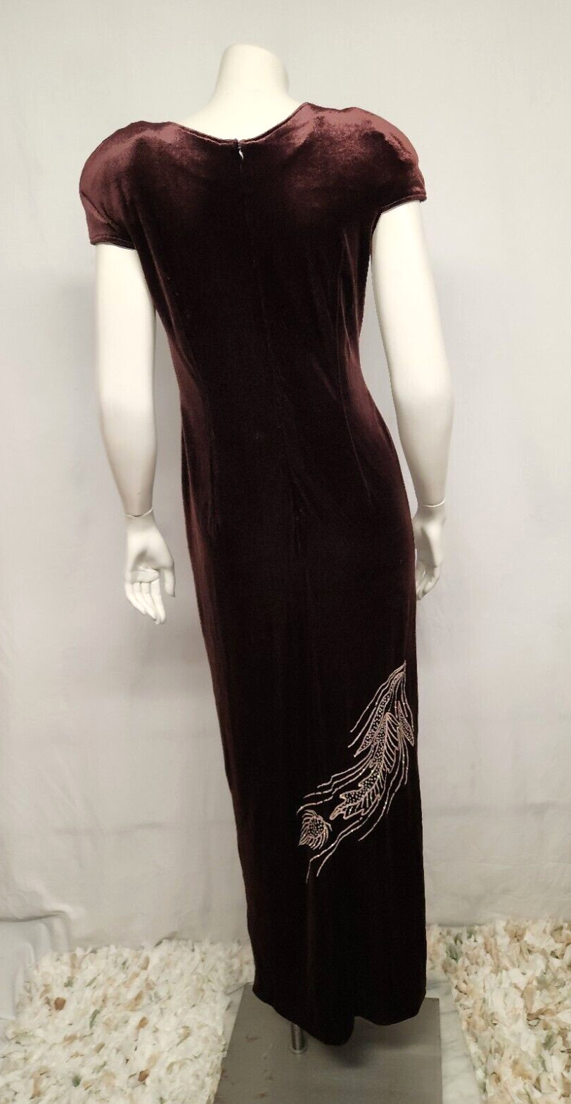 Vintage 90’s Beautiful Brown Velvet Silver Glitter Leaf Design Long Maxi Dress
