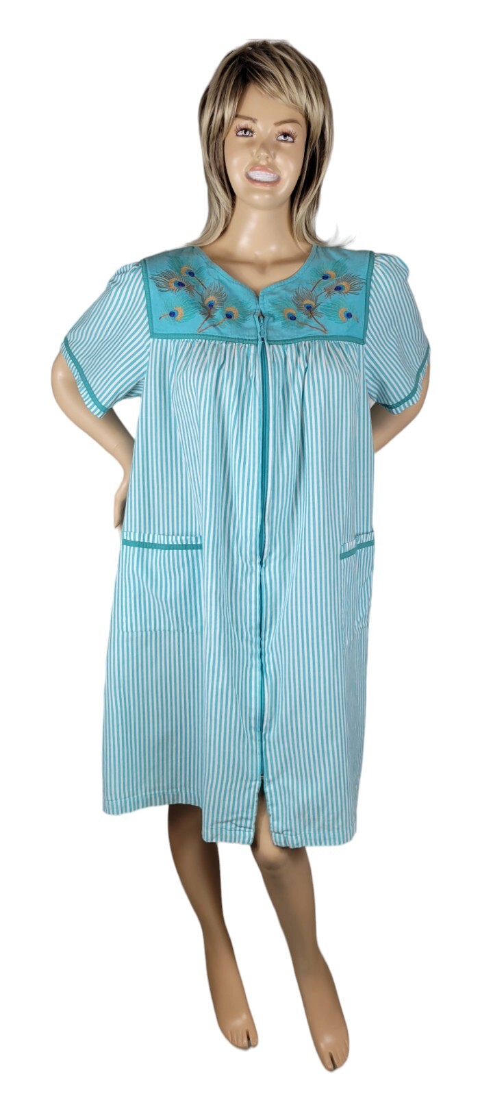 Vintage Go Softly Patio House Dress Stripes & Peacock Feathers Full Zip Boho XL