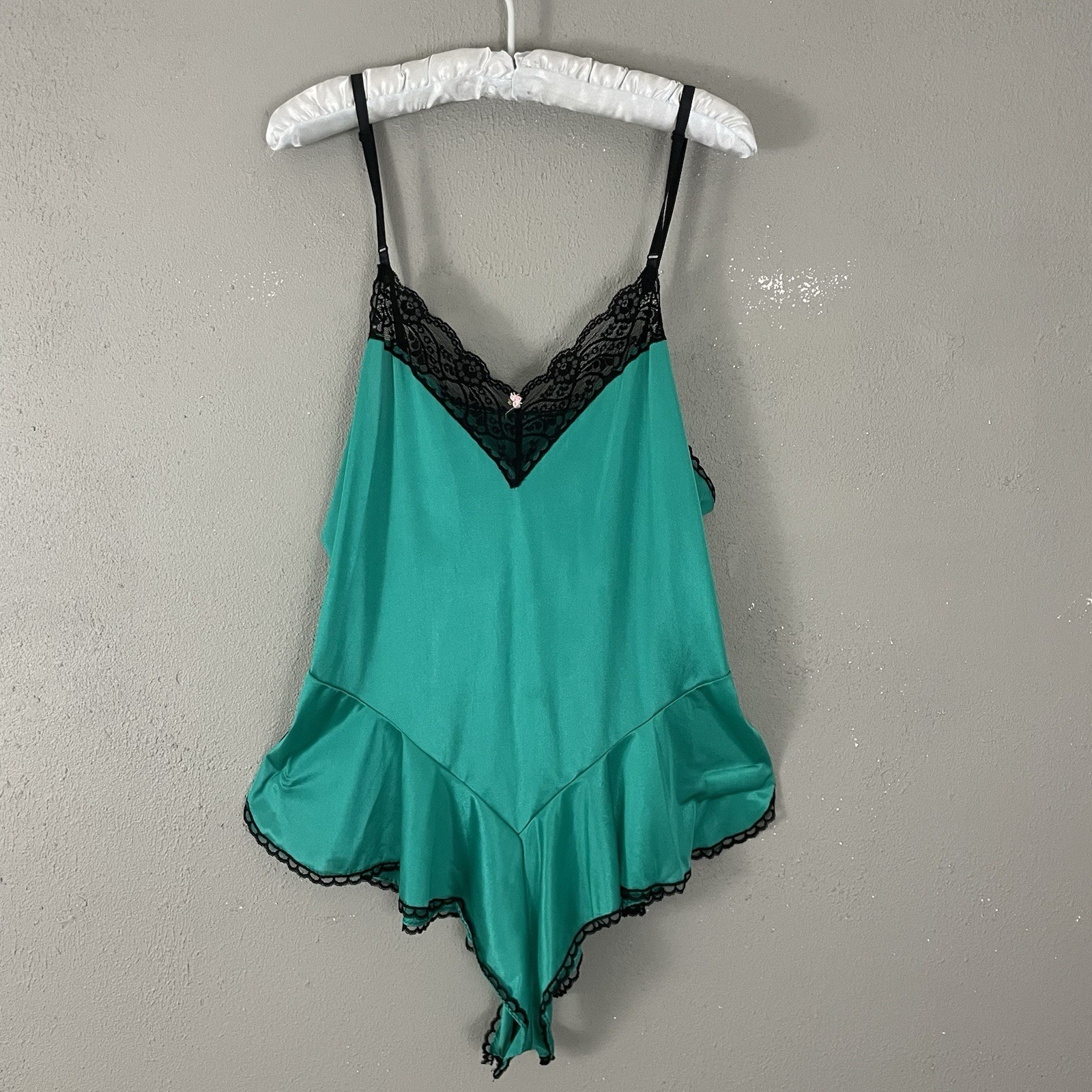 Vintage 80s Lingerie Teddy Romper Size 40 Roamans Green Satin Sissy Black Lace