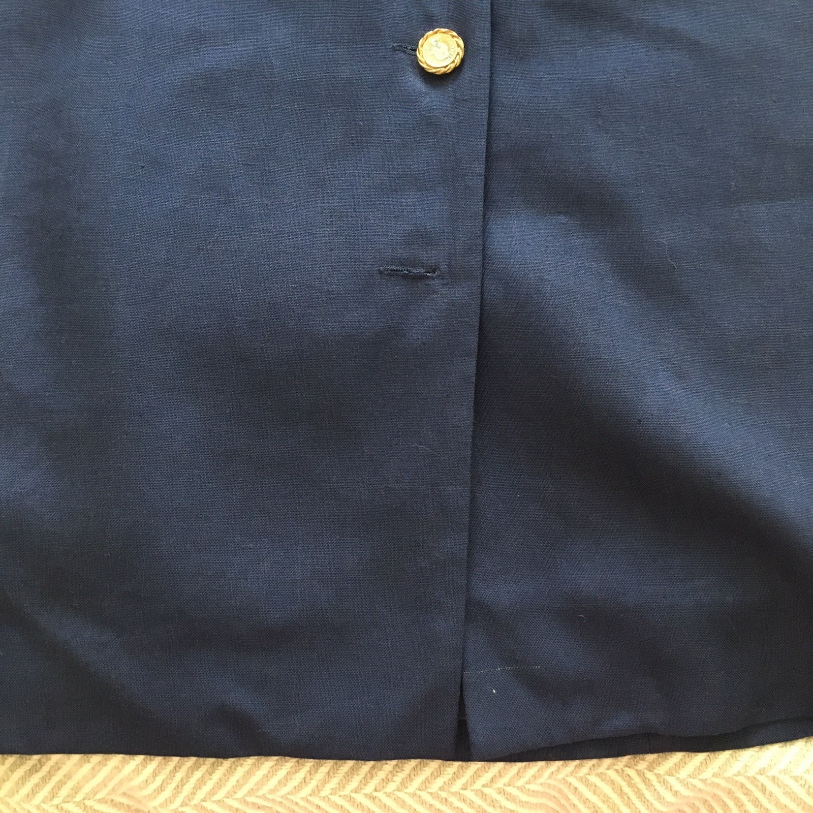Navy Linen Dress Vintage Starington Size 8 Retro Preppy Embroidered Coat of Arms