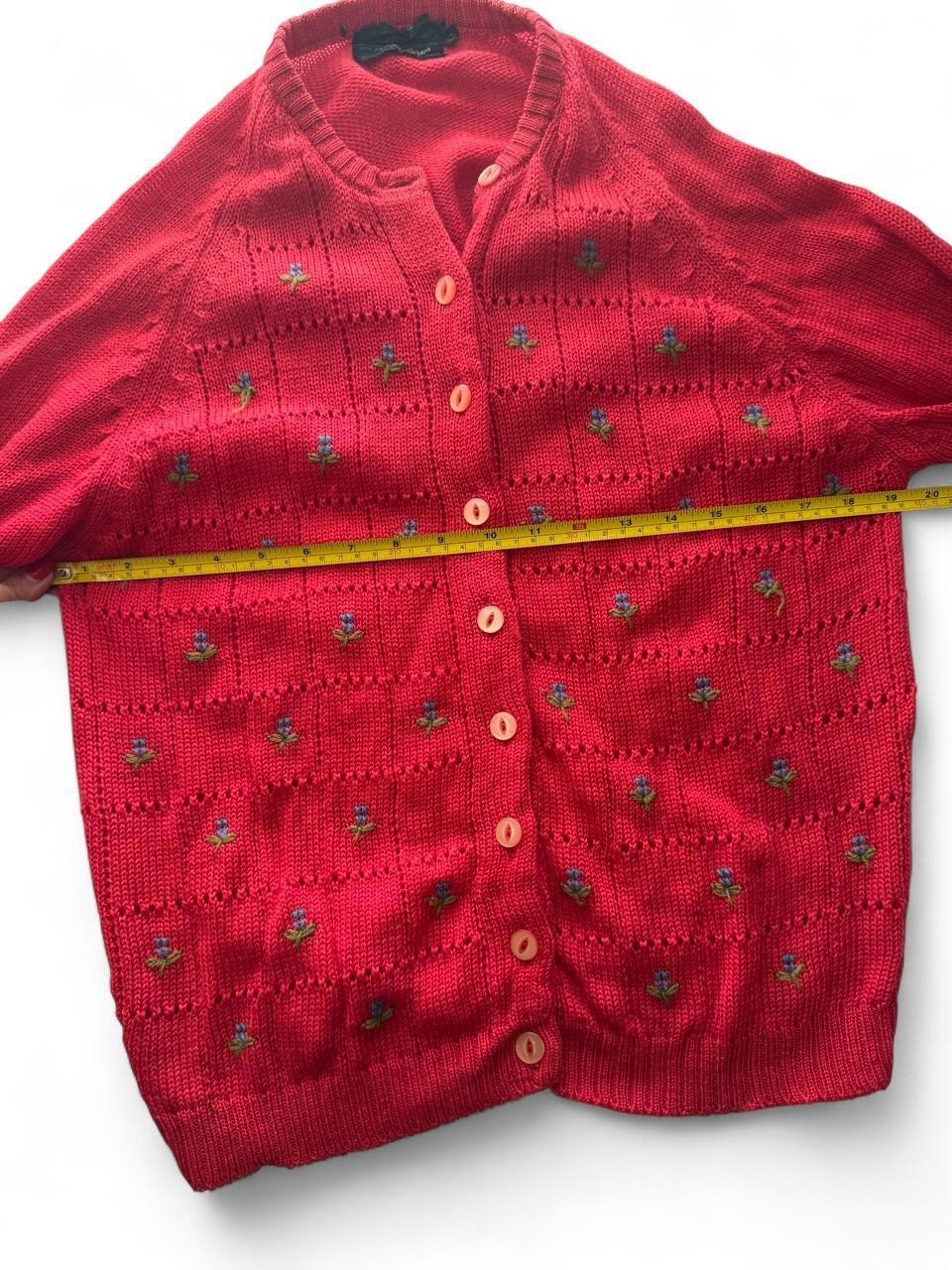 90s Vintage Embroidered Virgin Wool Floral Cardigan Red Large Cottage Grandma