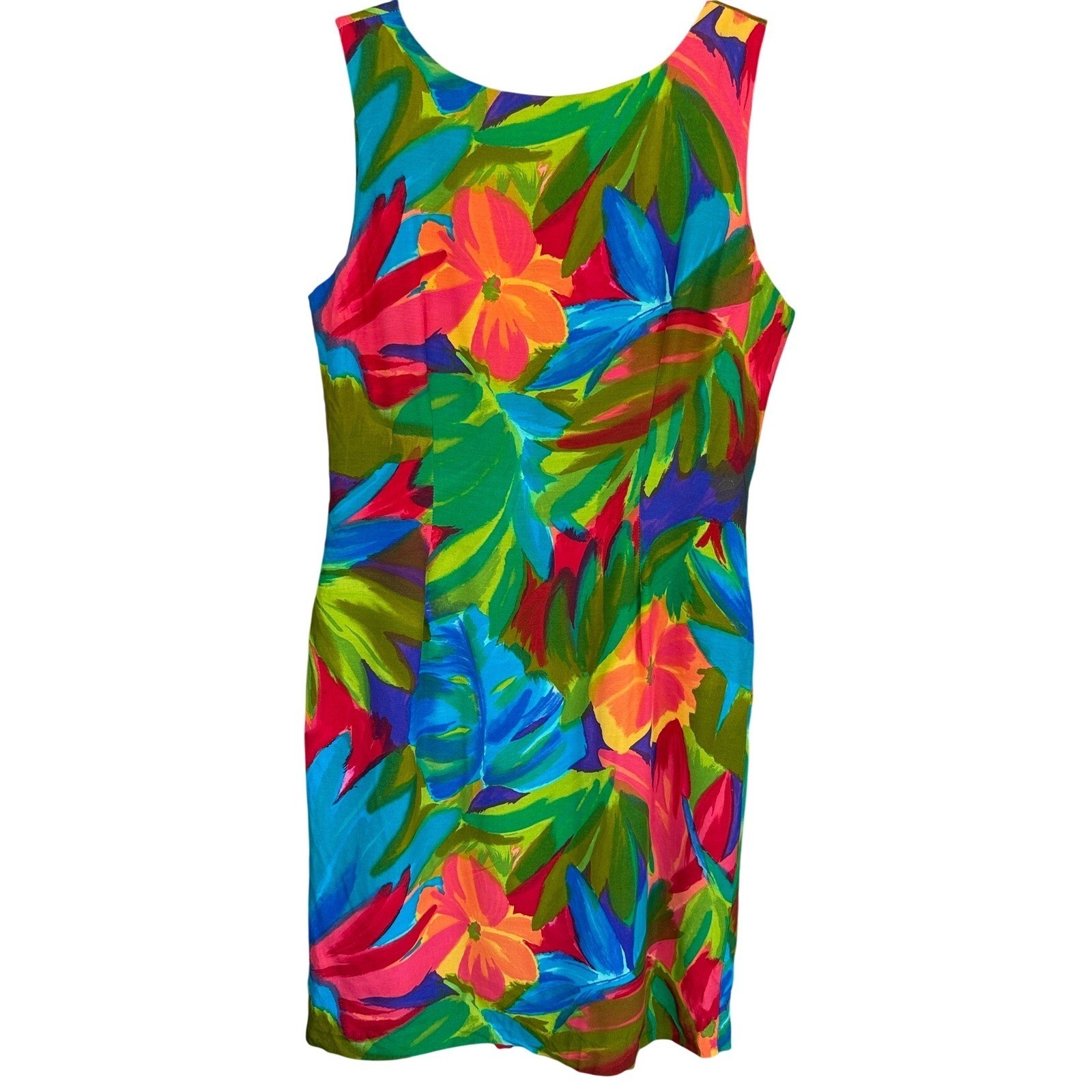 A2 Ellen Ashley Dress Tropical Floral Shift 1990s Vintage Resort SleevelesS 10