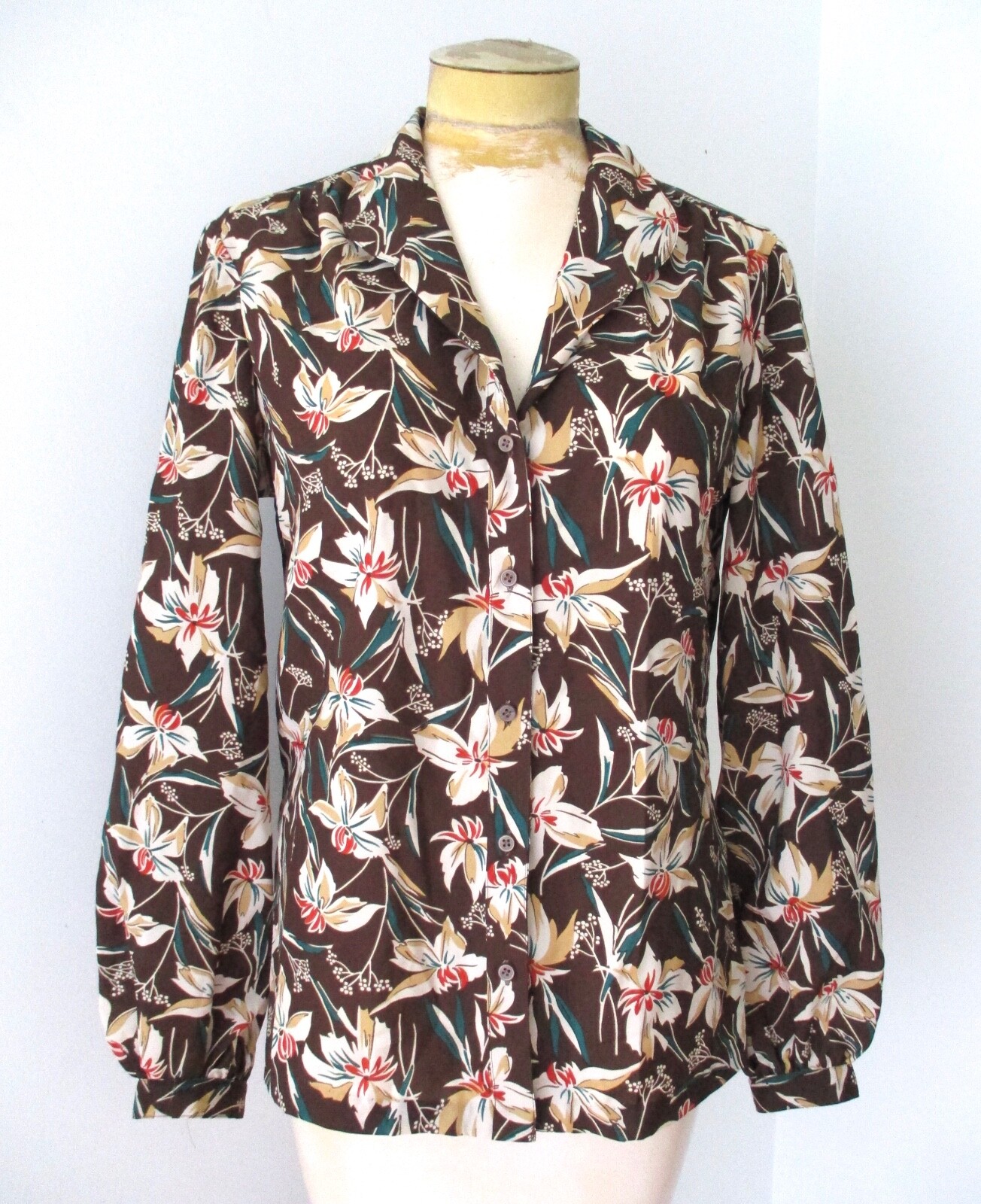 Vtg 70s brown gold lilly floral silky poly secretary blouse top lantern slvs 14