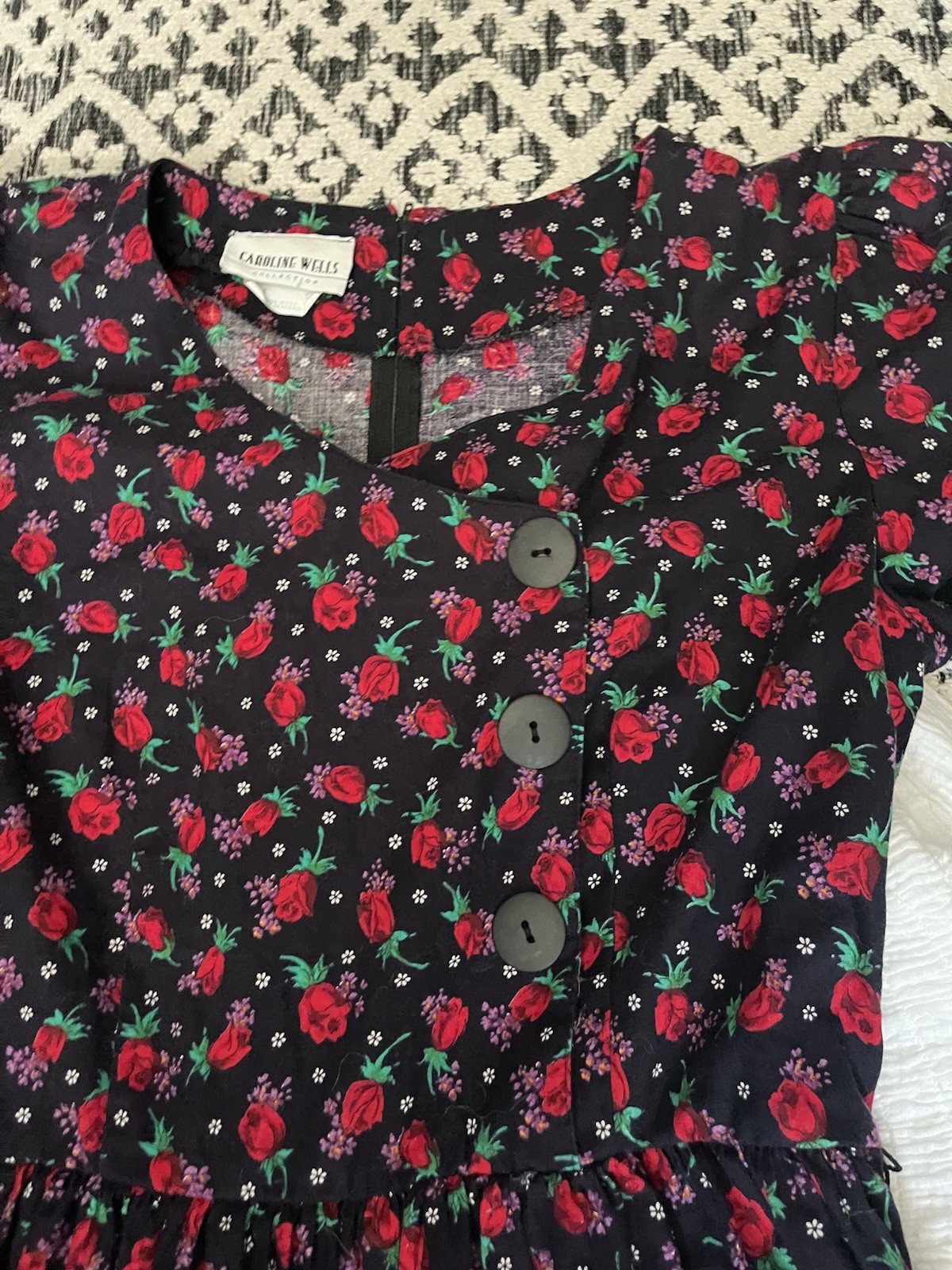 80s Caroline Wells Vintage Floral Midi Dress with Shoulder Pads, tag size 12