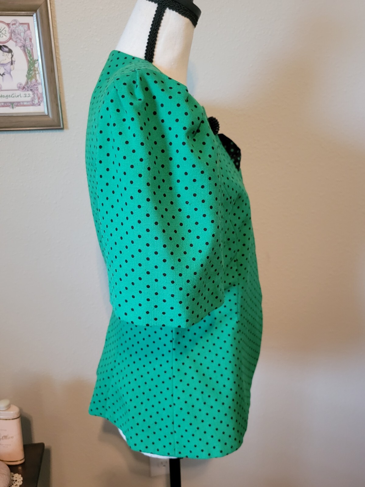 50s Style Jacket Green w/ Black Dots, Shortsleeve Button By Kasper for ASL Sz 4P