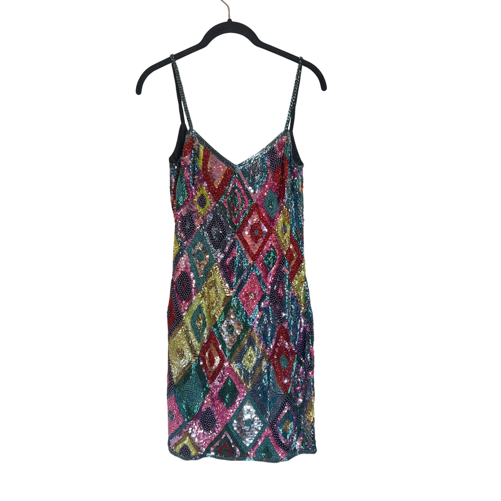 Black Tie Oleg Cassini Vintage Silk Sequin Harlequin Diamond Mini Dress Sz 4