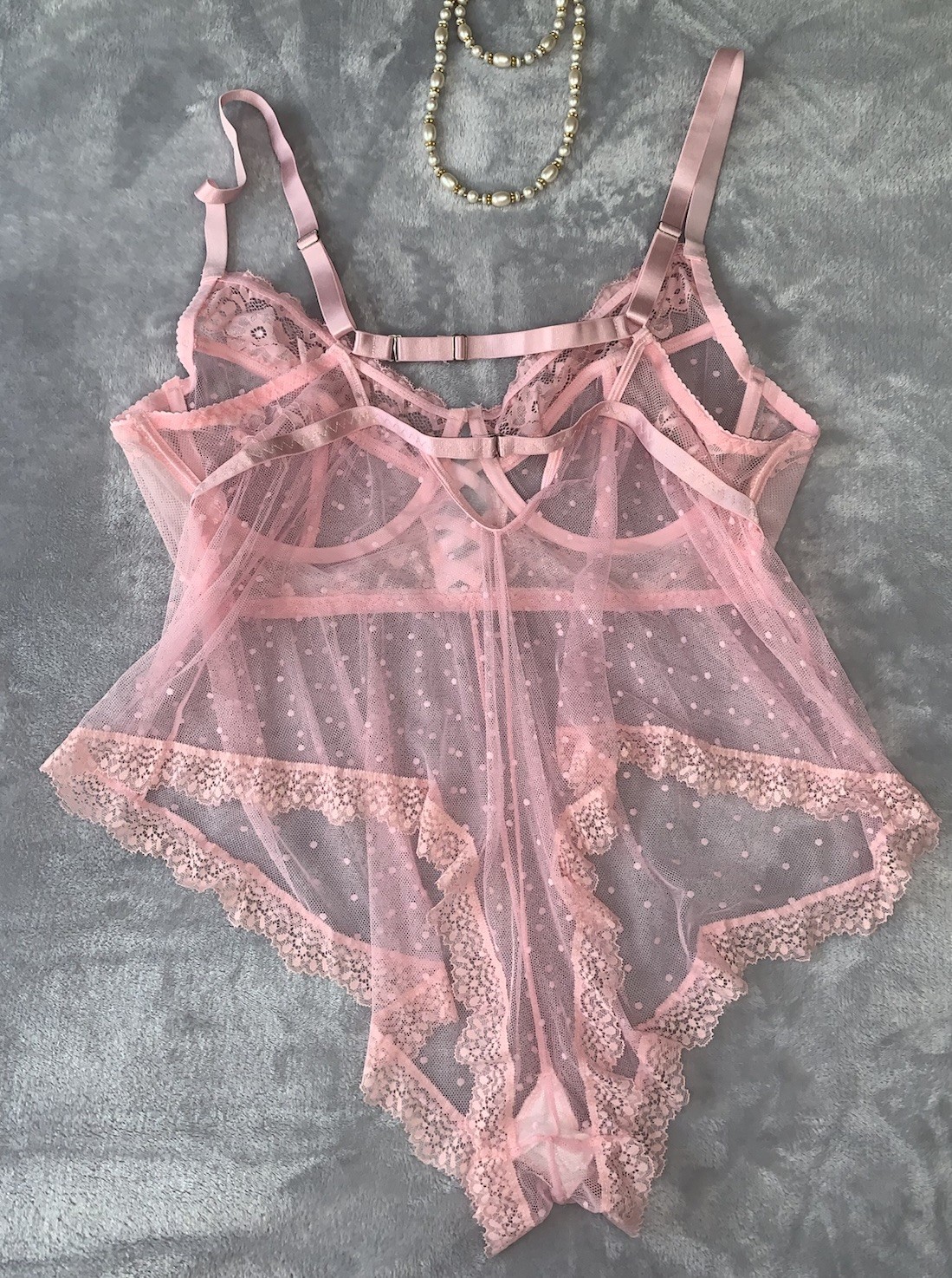 NEW SHEER Chiffon Teddy Romper Bodysuit XL SOFT Pink Polka Dot UW Bra Top